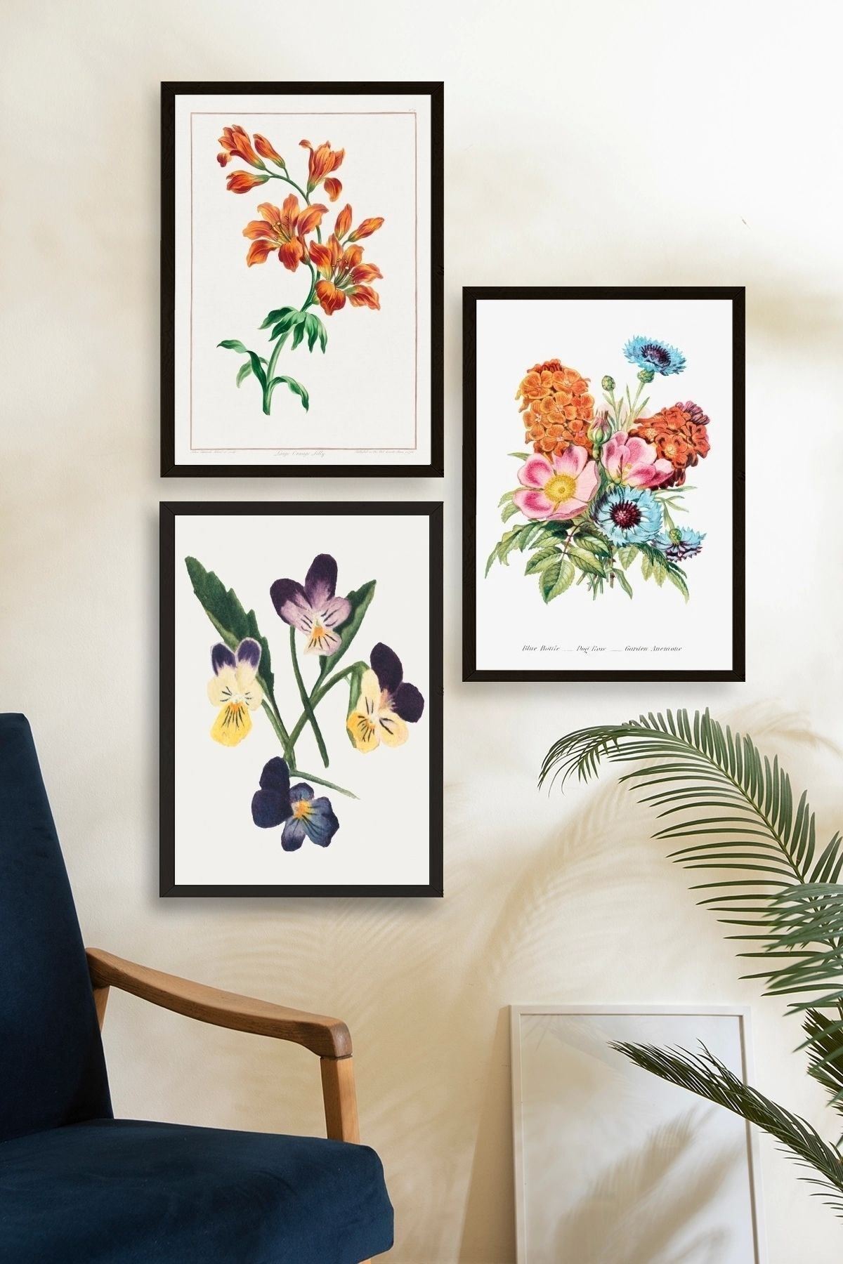 Çiçek Üçlü Ahşap Çerçeveli Tablo 23 x 30