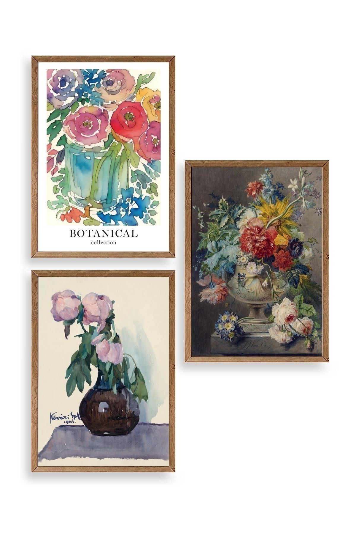 Çiçek Üçlü Ahşap Çerçeveli Tablo 40 x 60