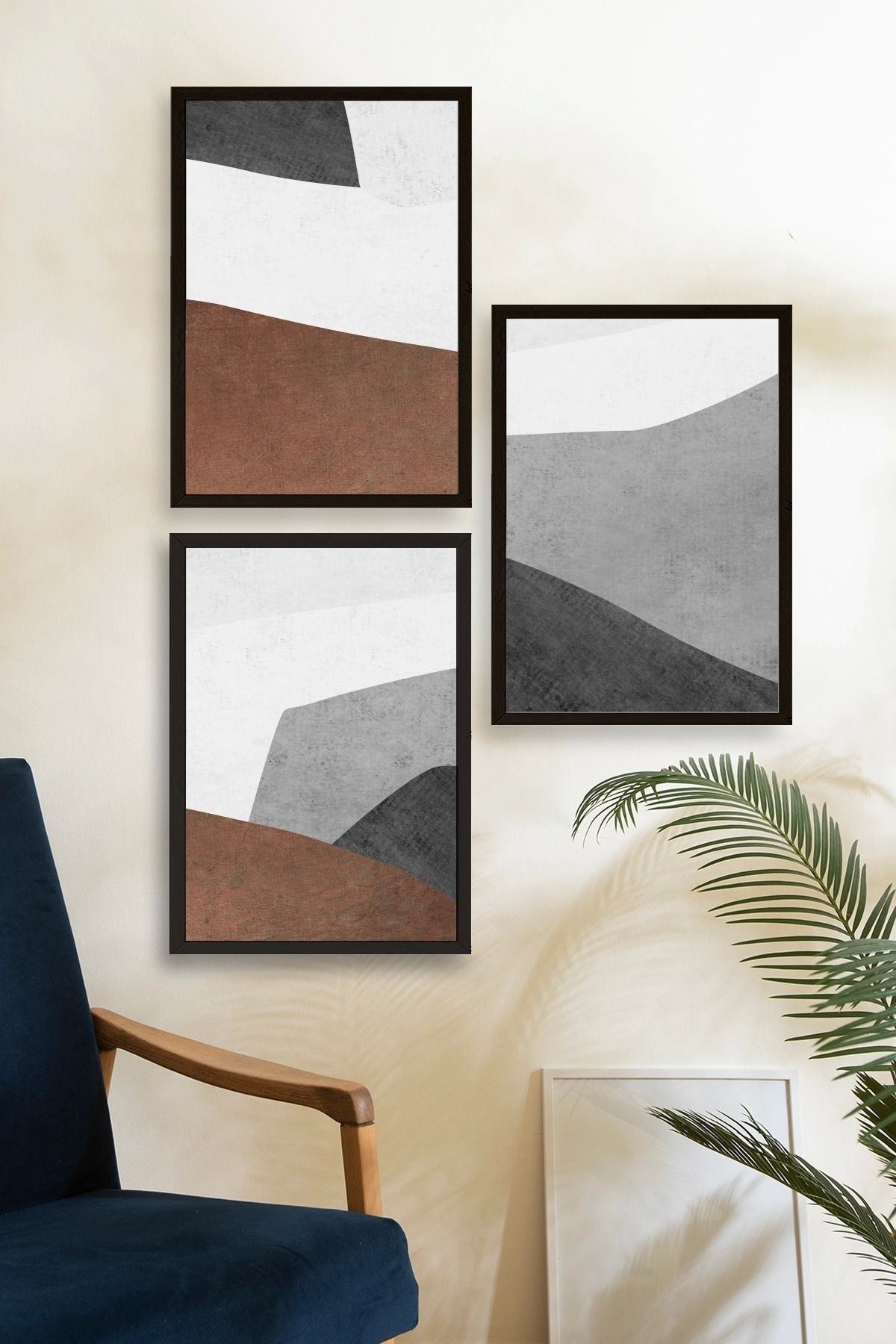 Soyut Üçlü Ahşap Çerçeveli Tablo 50 x 70