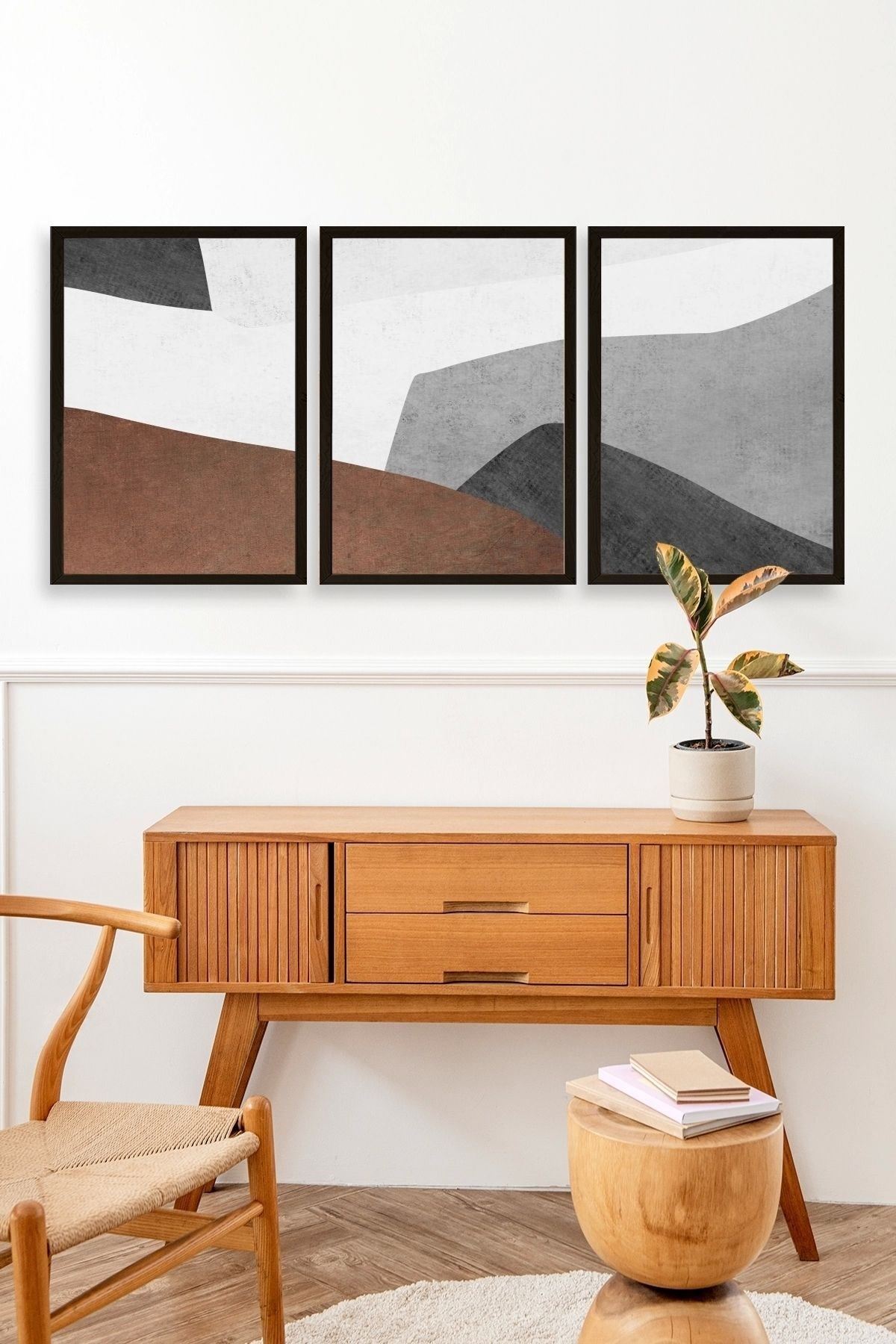 Soyut Üçlü Ahşap Çerçeveli Tablo 23 x 30