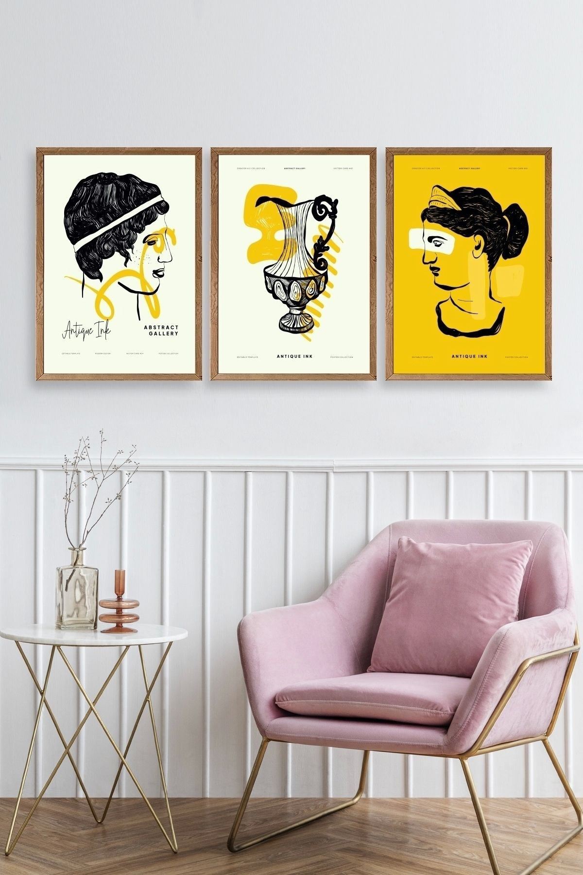 Soyut Üçlü Ahşap Çerçeveli Tablo 40 x 60