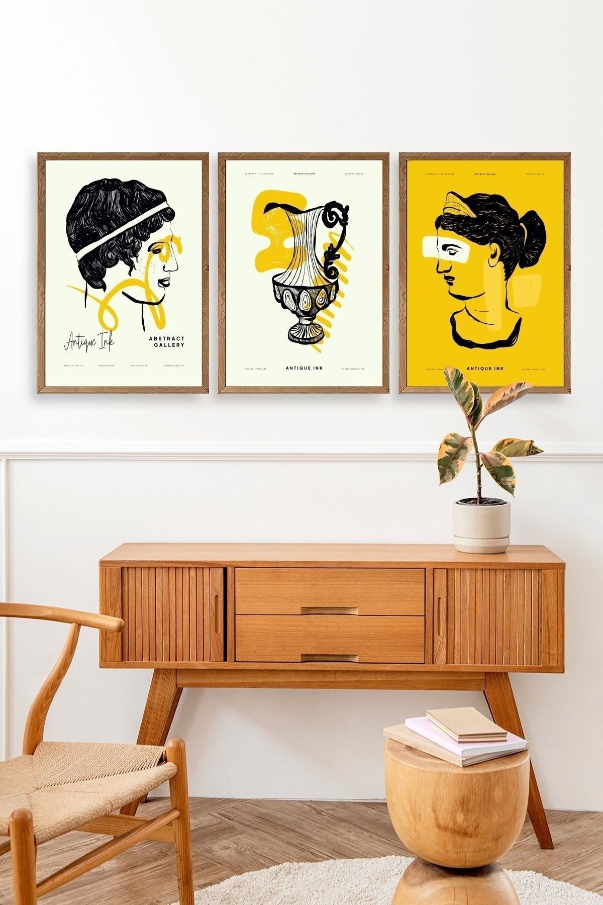 Soyut Üçlü Ahşap Çerçeveli Tablo 50 x 70