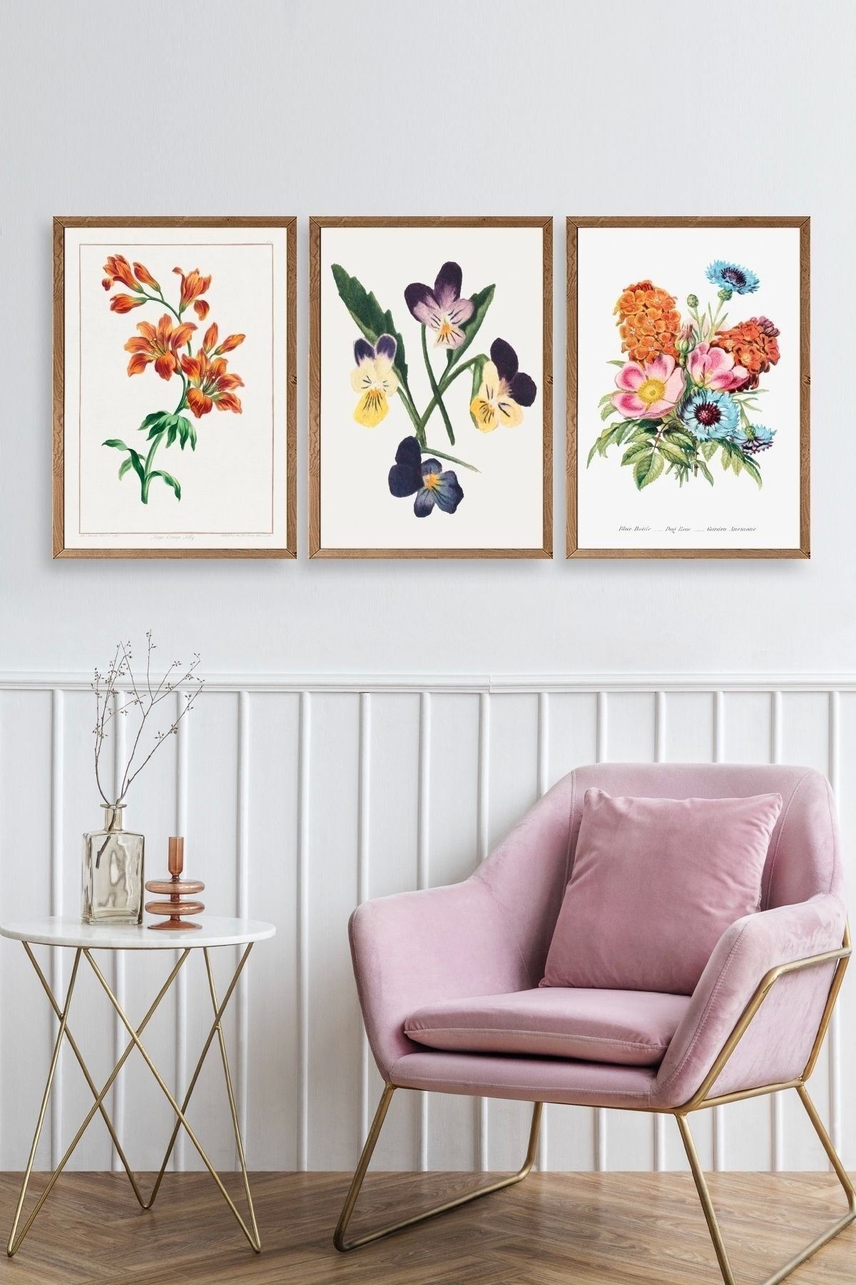 Çiçek Üçlü Ahşap Çerçeveli Tablo 50 x 70