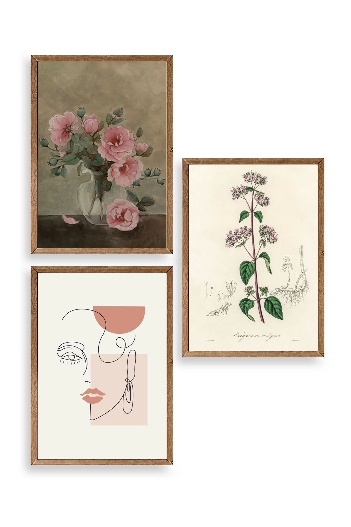 Çiçek Üçlü Ahşap Çerçeveli Tablo 40 x 60