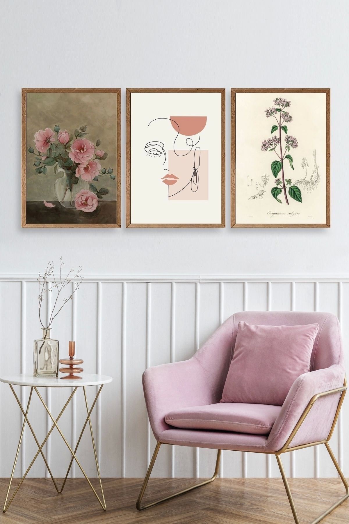 Çiçek Üçlü Ahşap Çerçeveli Tablo 23 x 30