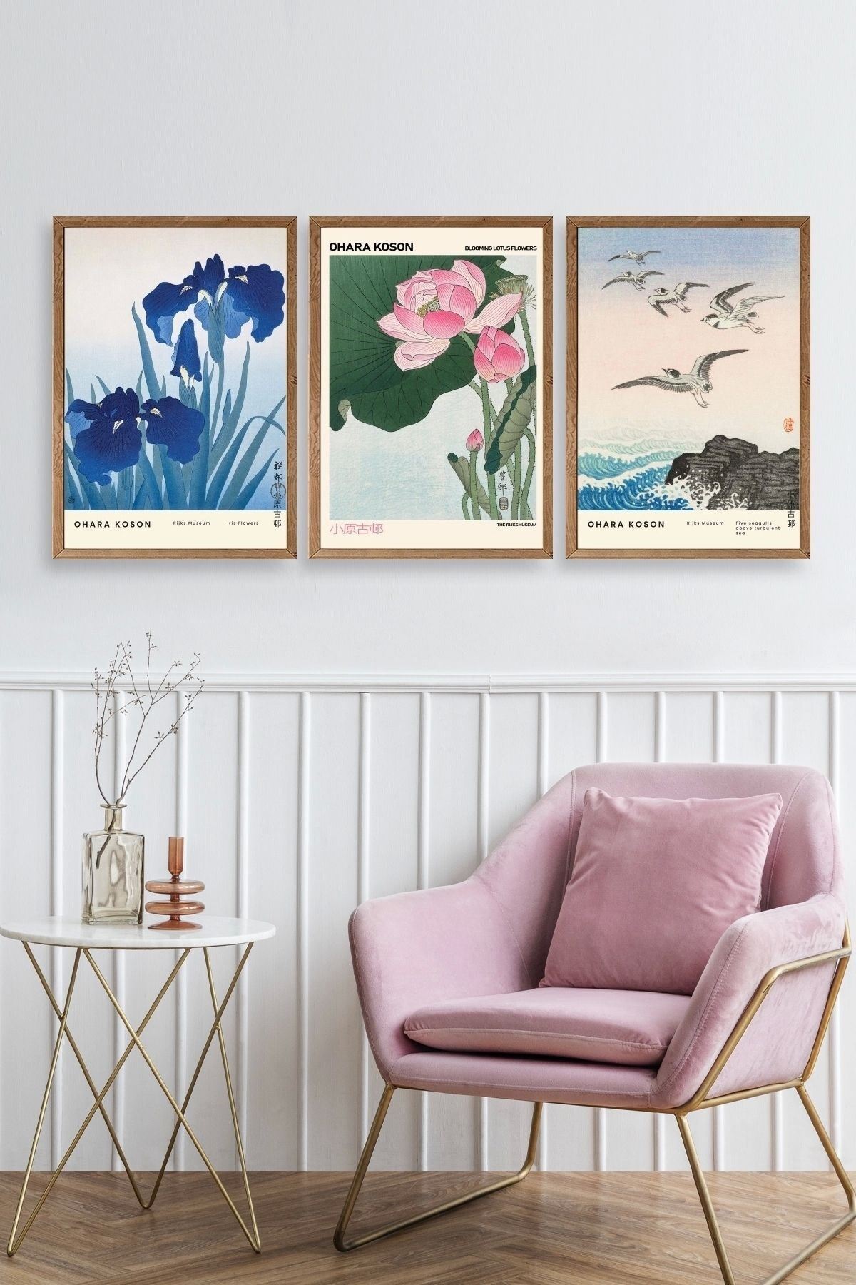 Vazodaki Çiçekler Üçlü Ahşap Çerçeveli Tablo 50 x 70