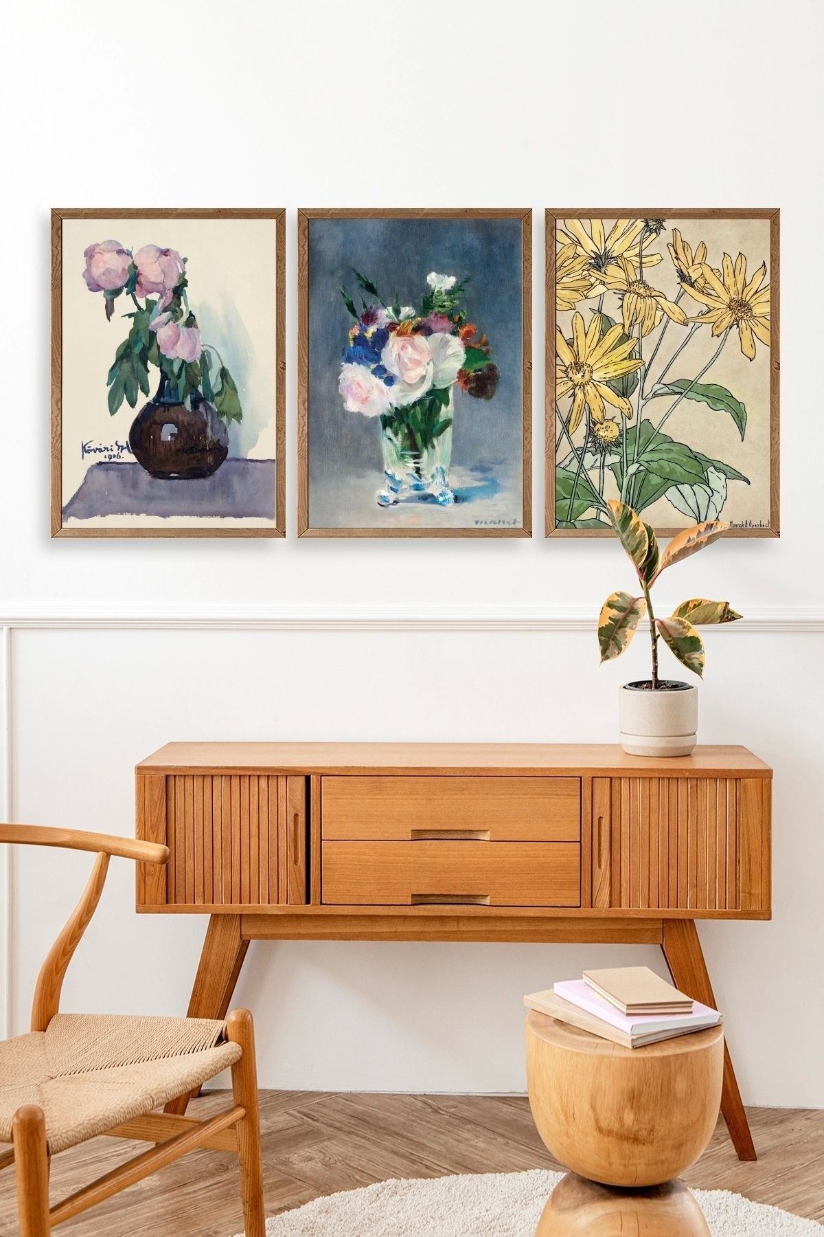 Vazodaki Çiçekler Üçlü Ahşap Çerçeveli Tablo 40 x 60