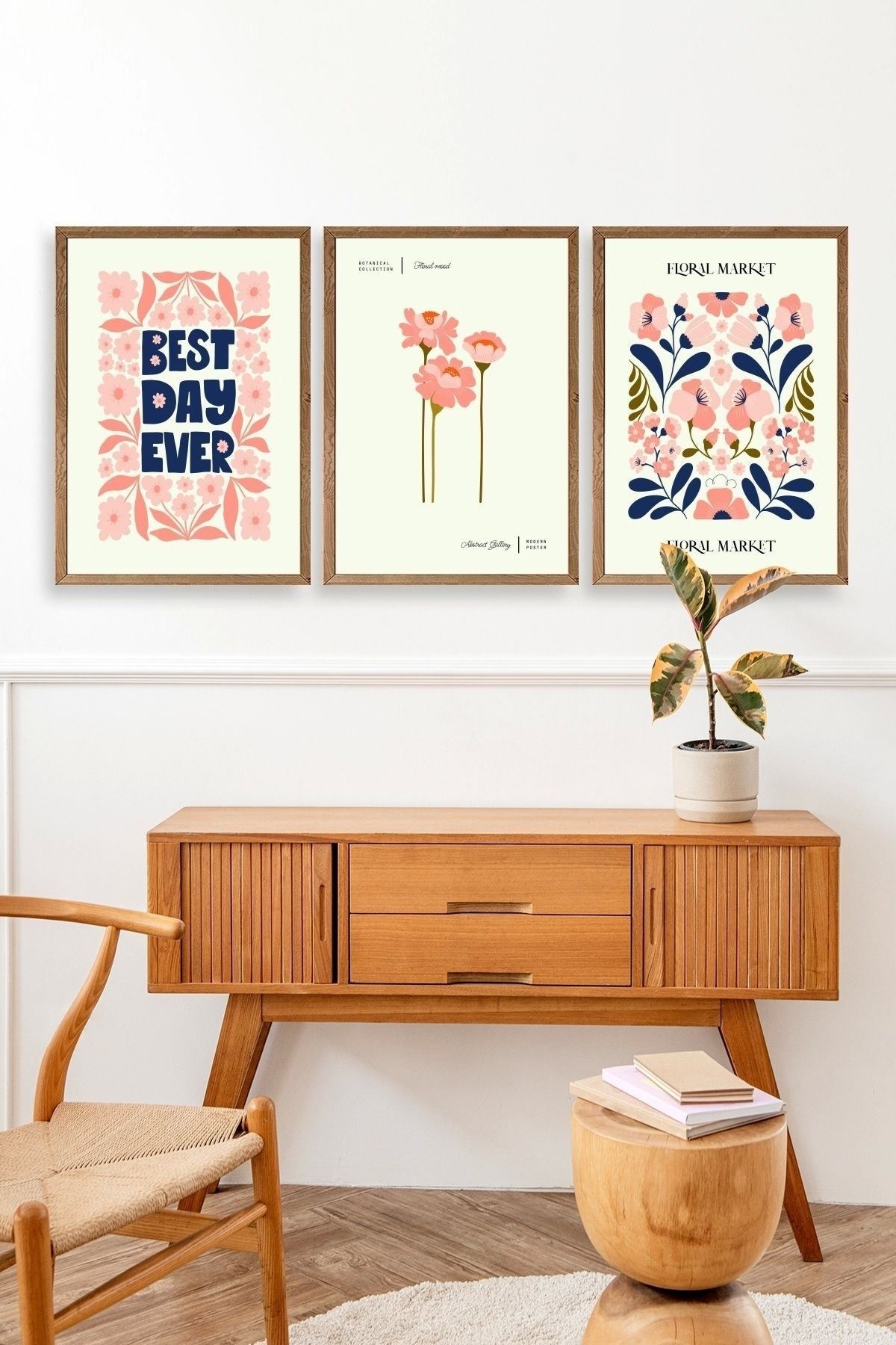 Flower Market Üçlü Ahşap Çerçeveli Tablo