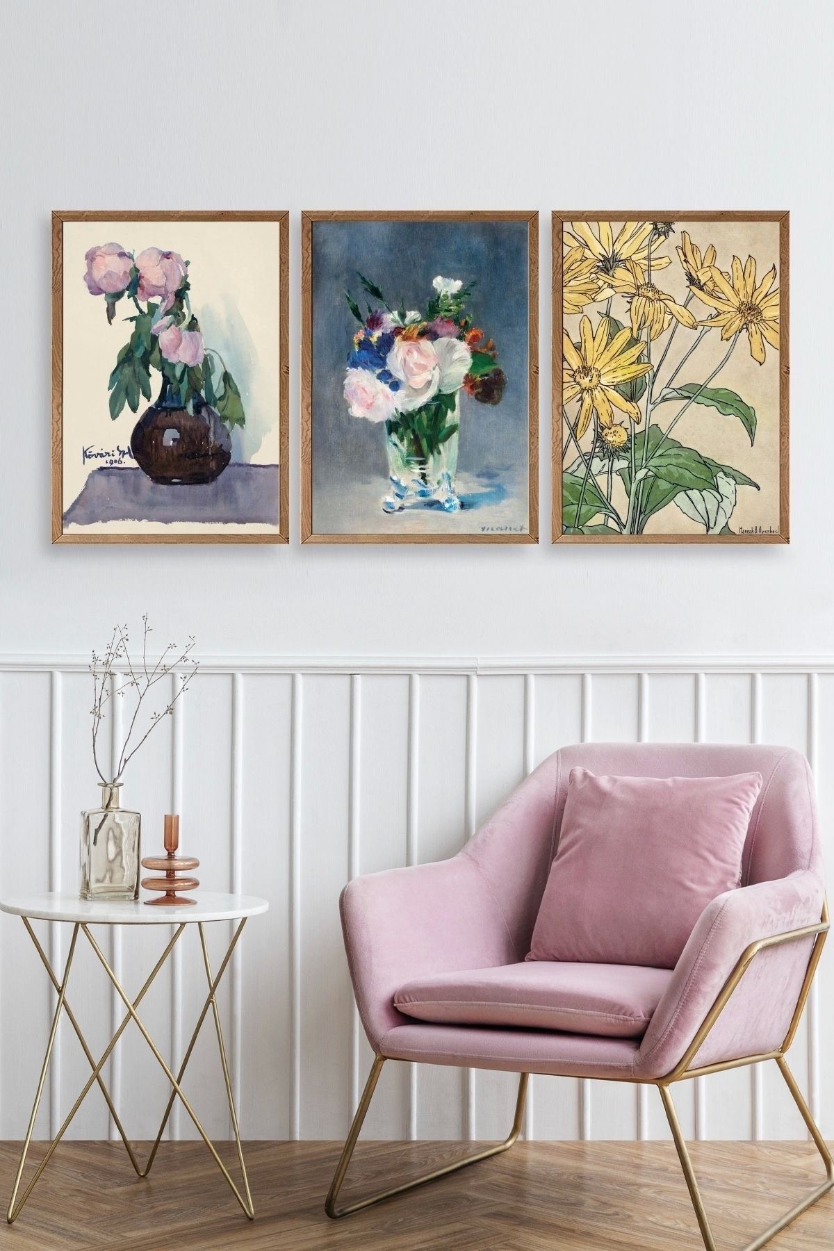 Vazodaki Çiçekler Üçlü Ahşap Çerçeveli Tablo 30 x 40