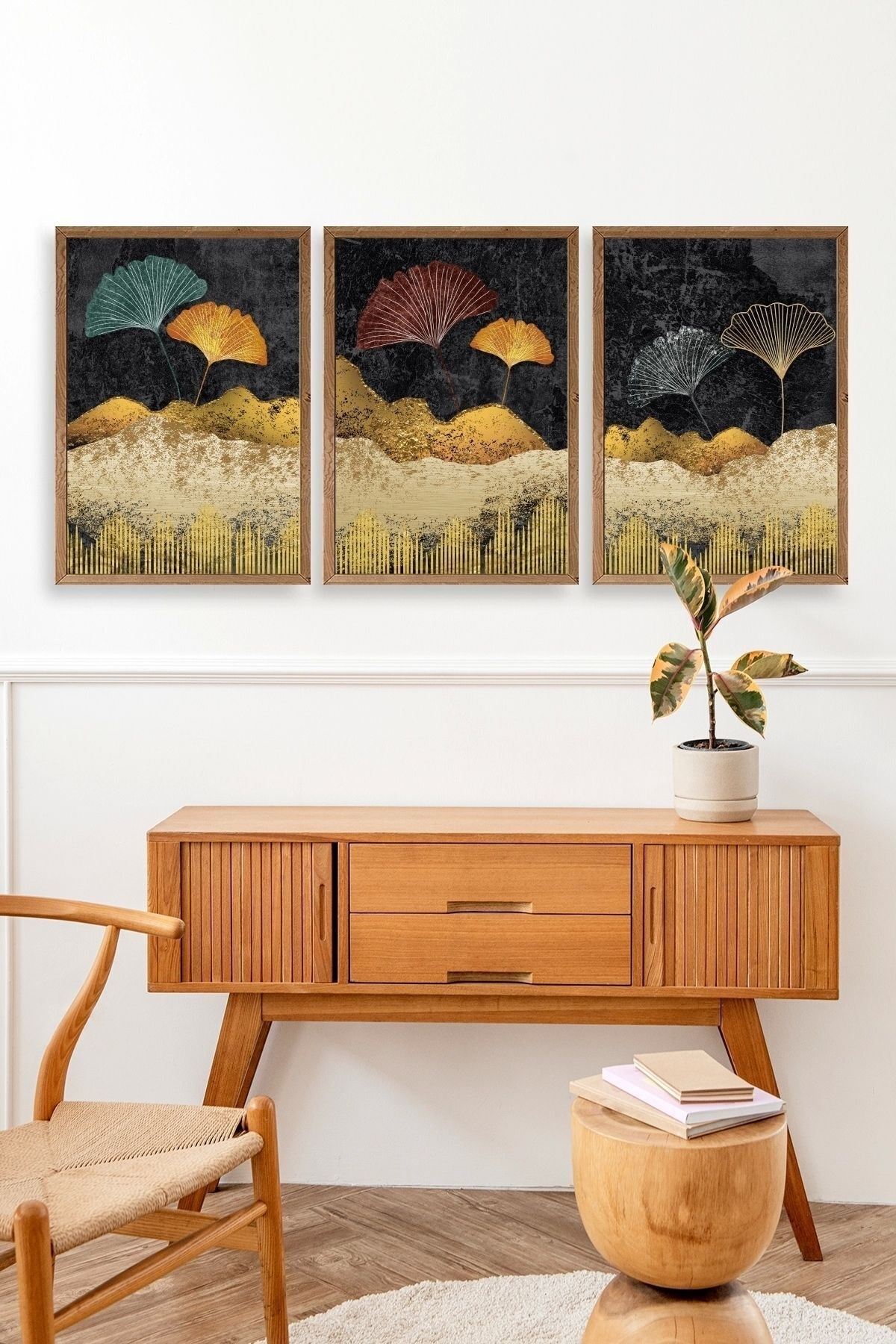 Manzara Üçlü Ahşap Çerçeveli Tablo 50 x 70