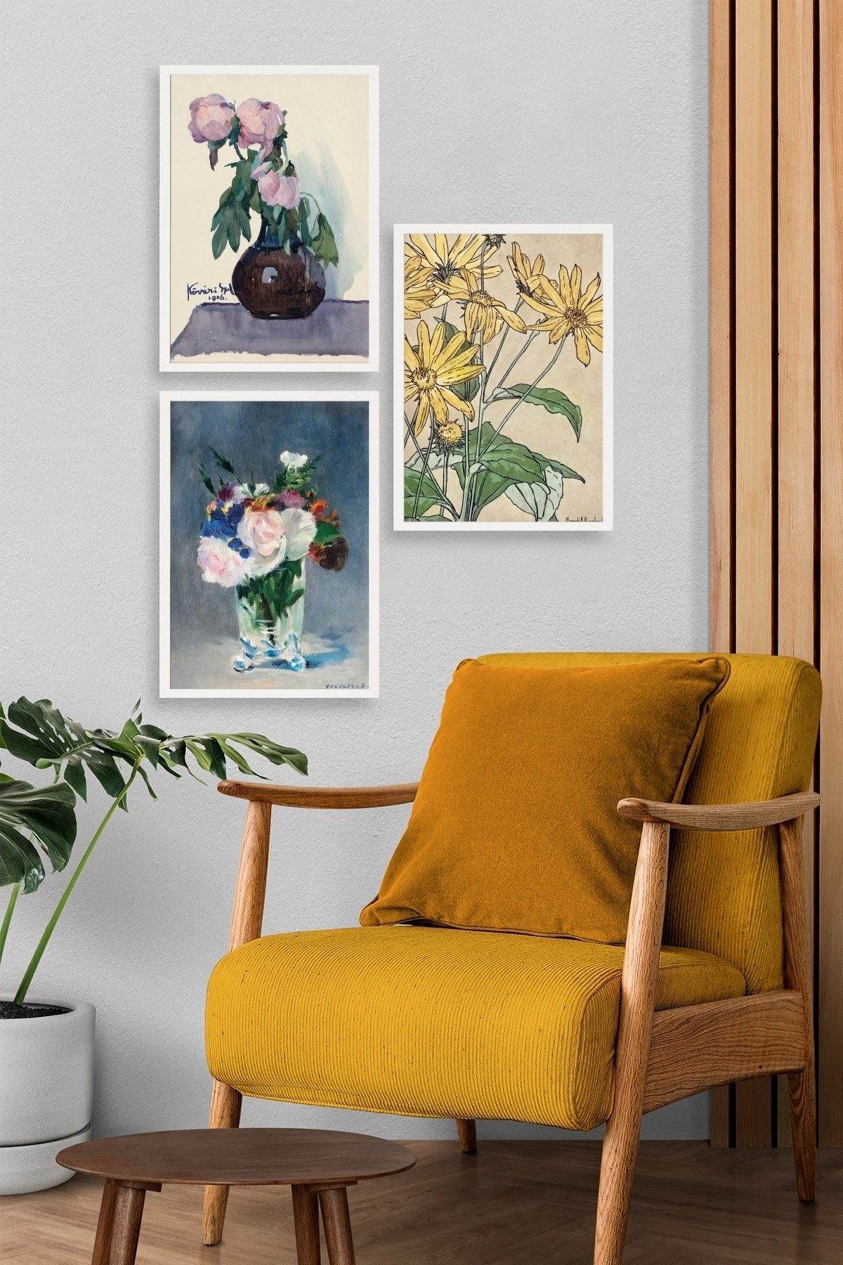 Vazodaki Çiçekler Üçlü Ahşap Çerçeveli Tablo 23 x 30