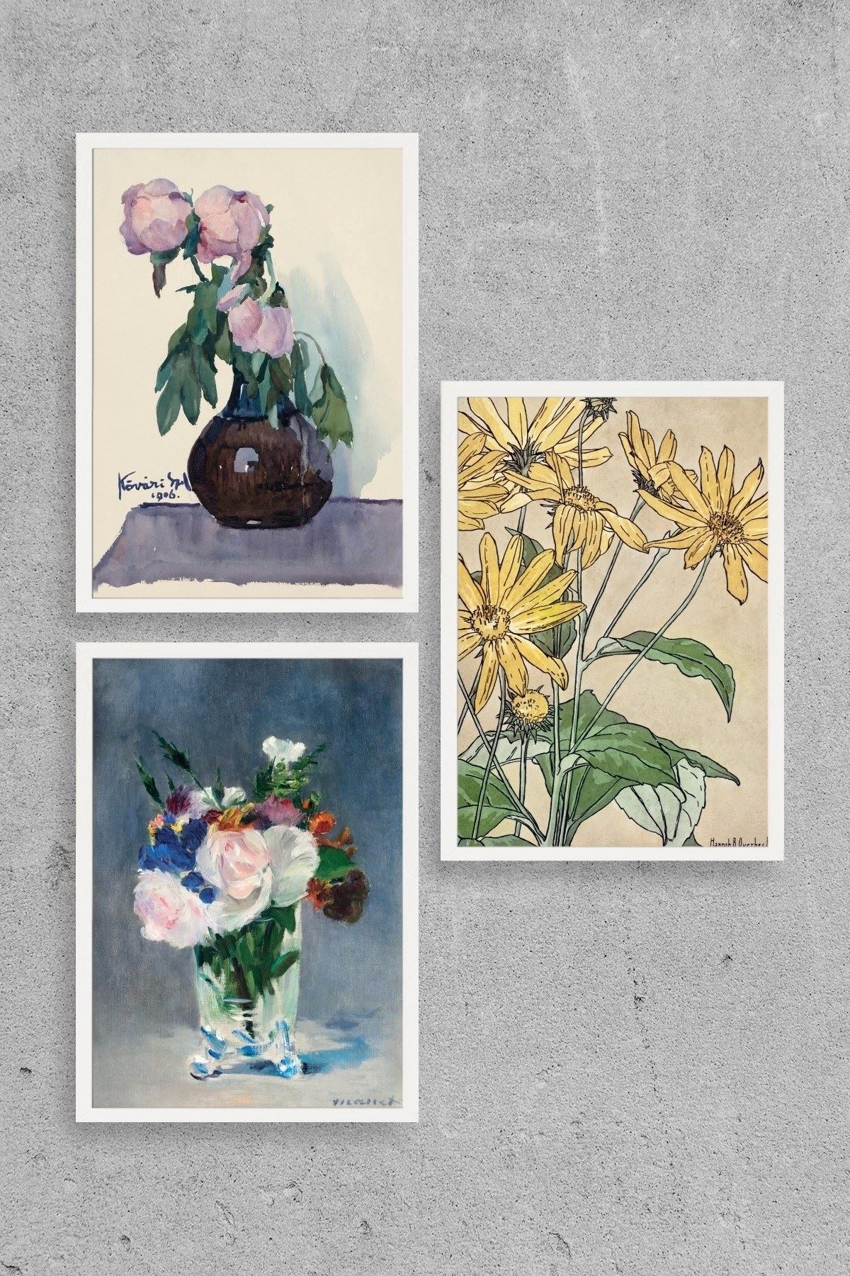 Vazodaki Çiçekler Üçlü Ahşap Çerçeveli Tablo 30 x 40