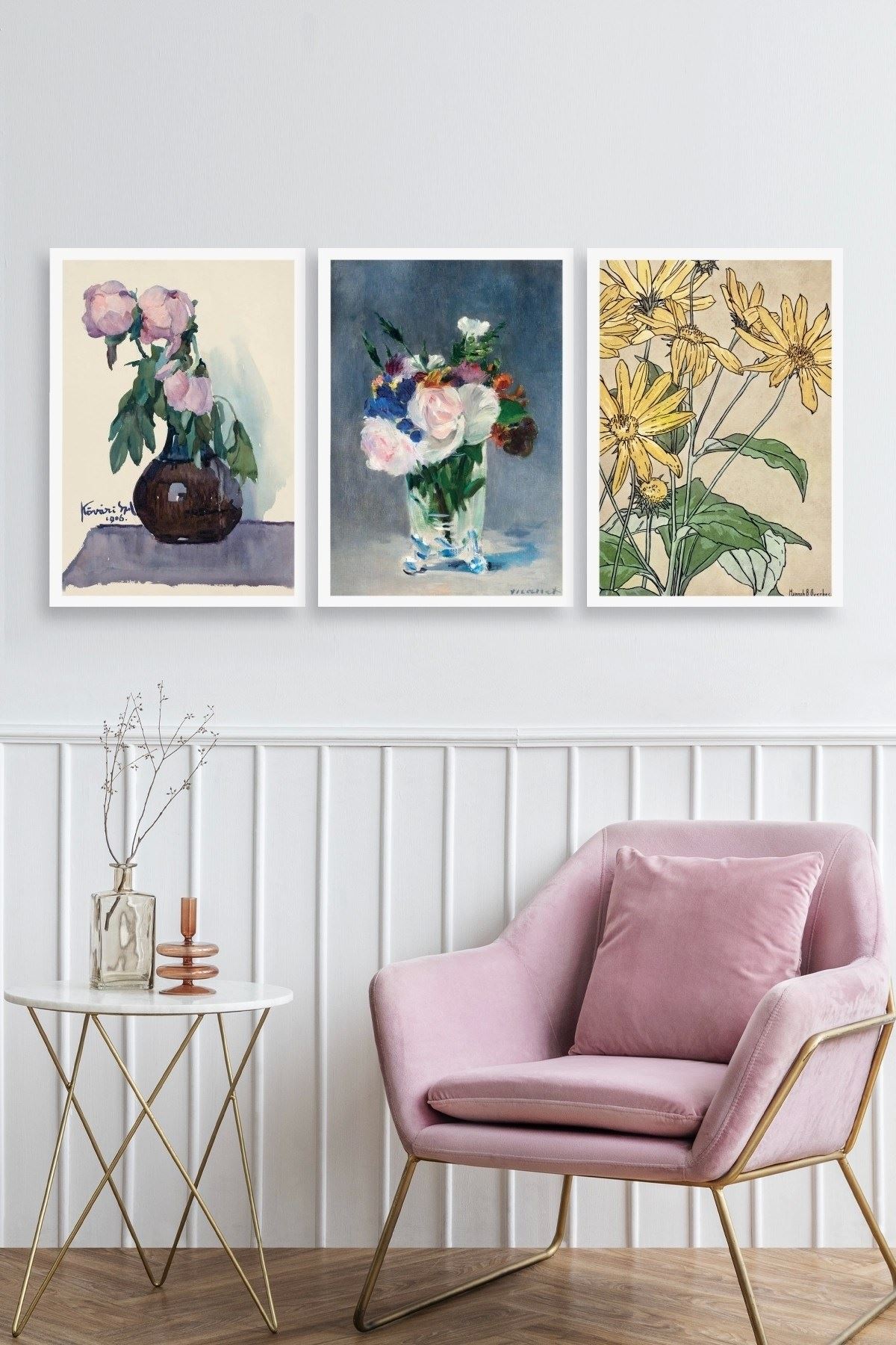 Vazodaki Çiçekler Üçlü Ahşap Çerçeveli Tablo 30 x 40