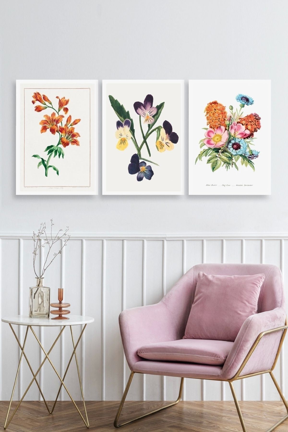 Çiçek Üçlü Ahşap Çerçeveli Tablo 40 x 60