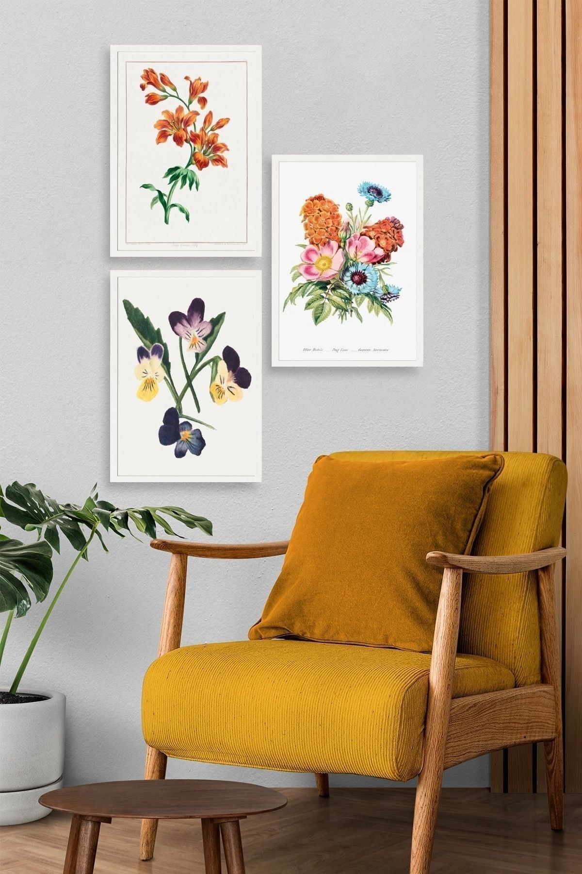 Çiçek Üçlü Ahşap Çerçeveli Tablo 40 x 60