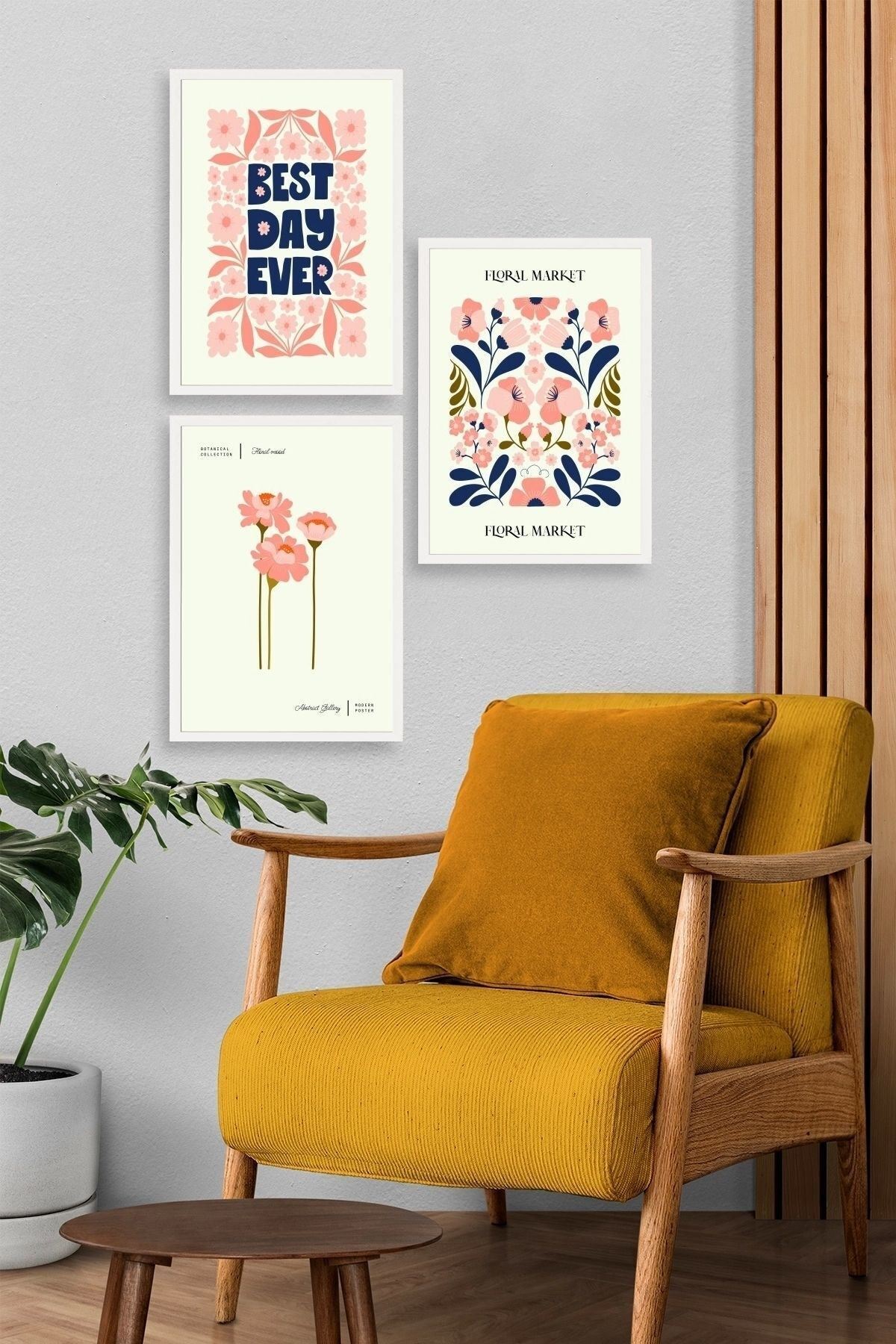 Flower Market Üçlü Ahşap Çerçeveli Tablo 50 x 70