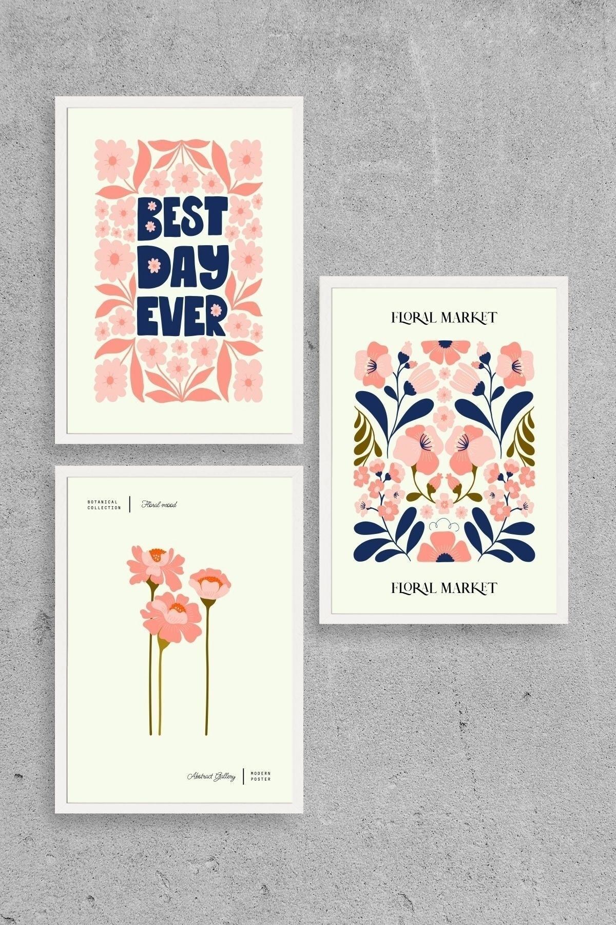 Flower Market Üçlü Ahşap Çerçeveli Tablo 30 x 40