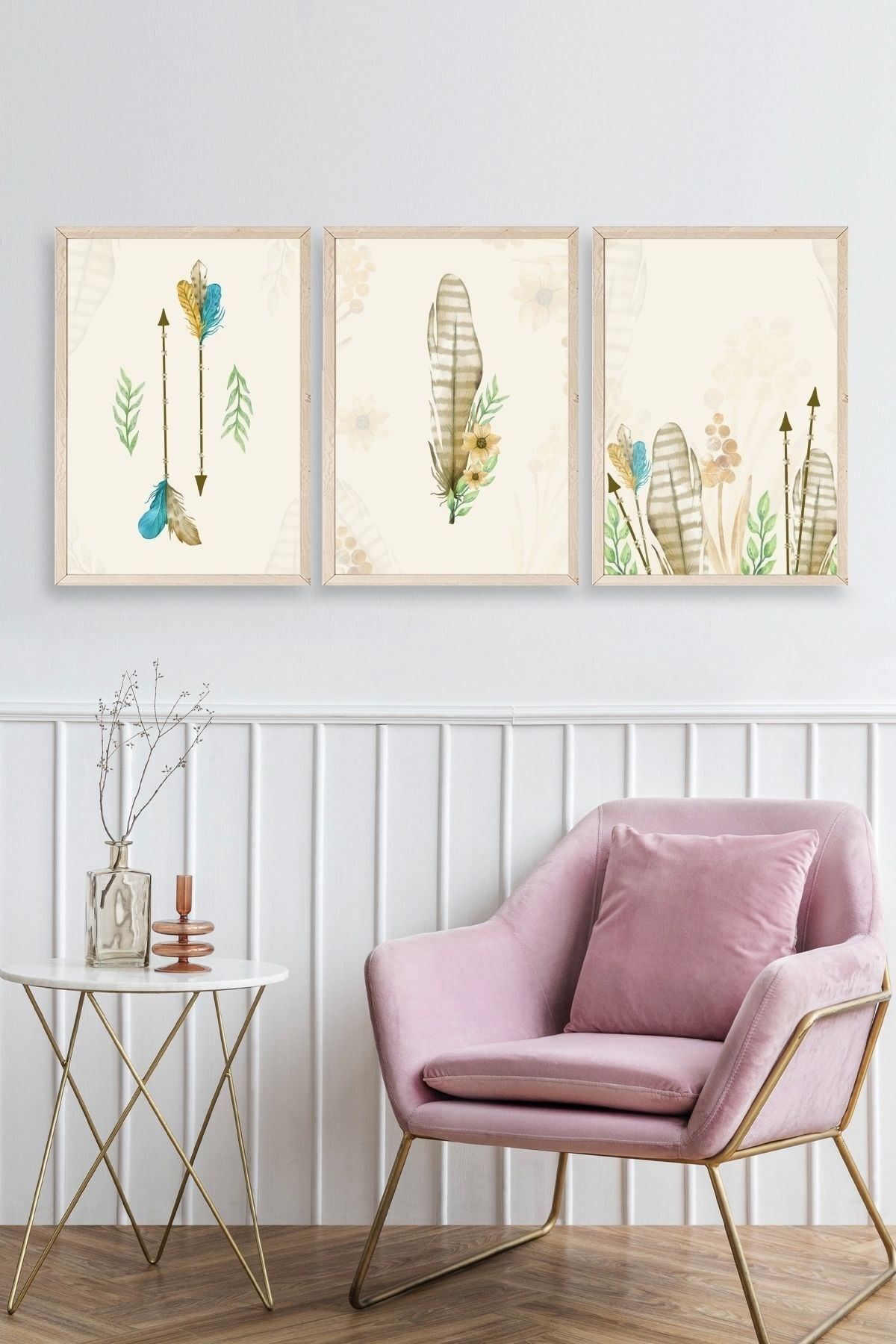 Çiçekli Desenler Üçlü Ahşap Çerçeveli Tablo 17 x 23