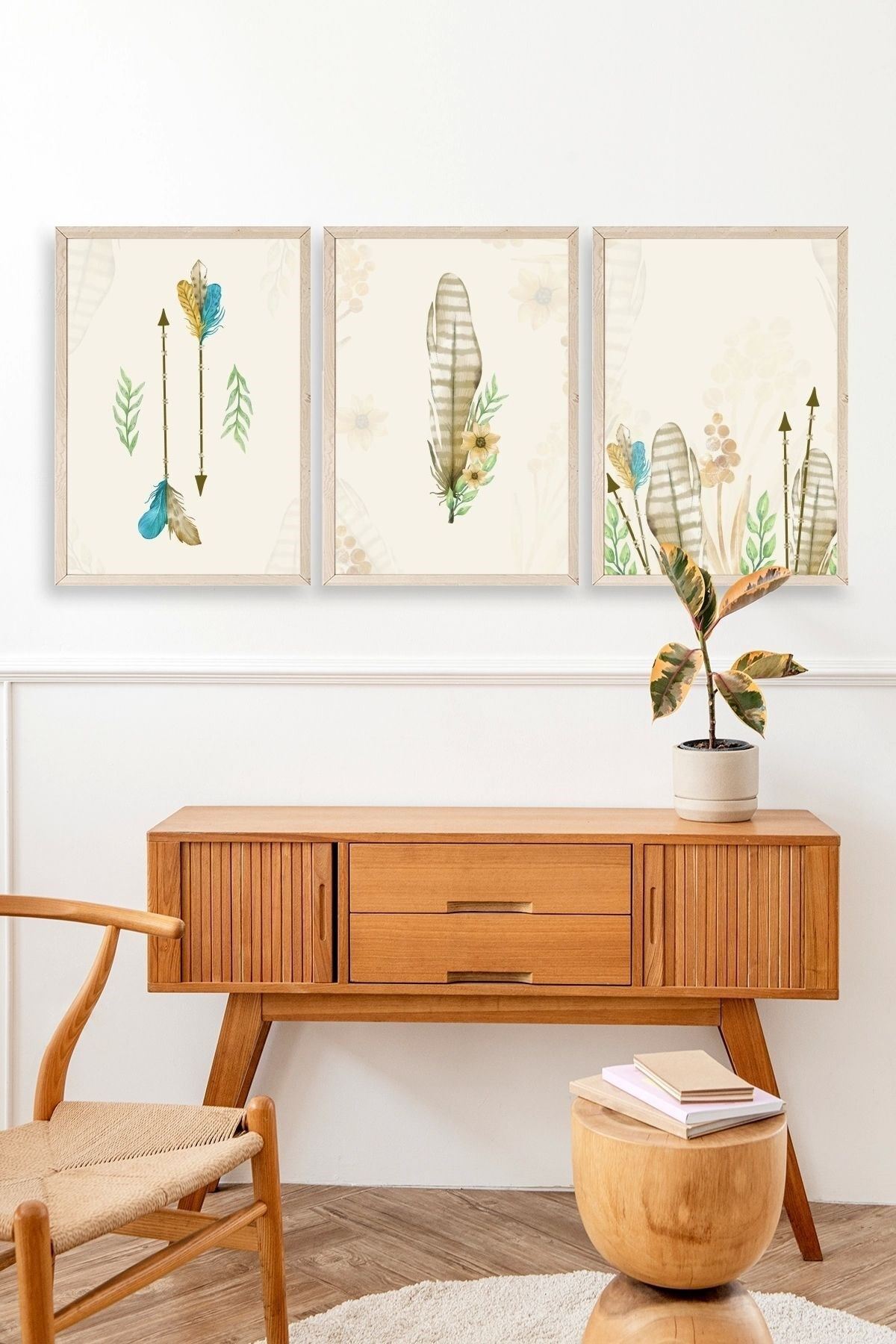 Çiçekli Desenler Üçlü Ahşap Çerçeveli Tablo 50 x 70