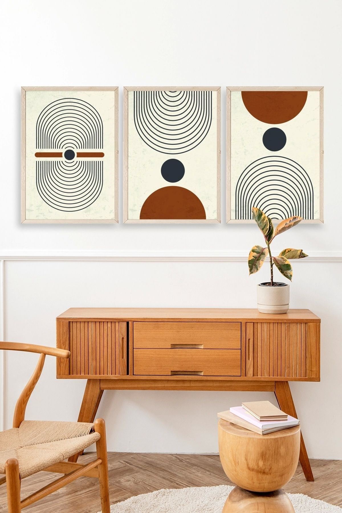 Rahatlatıcı Şekiller Üçlü Ahşap Çerçeveli Tablo 50 x 70