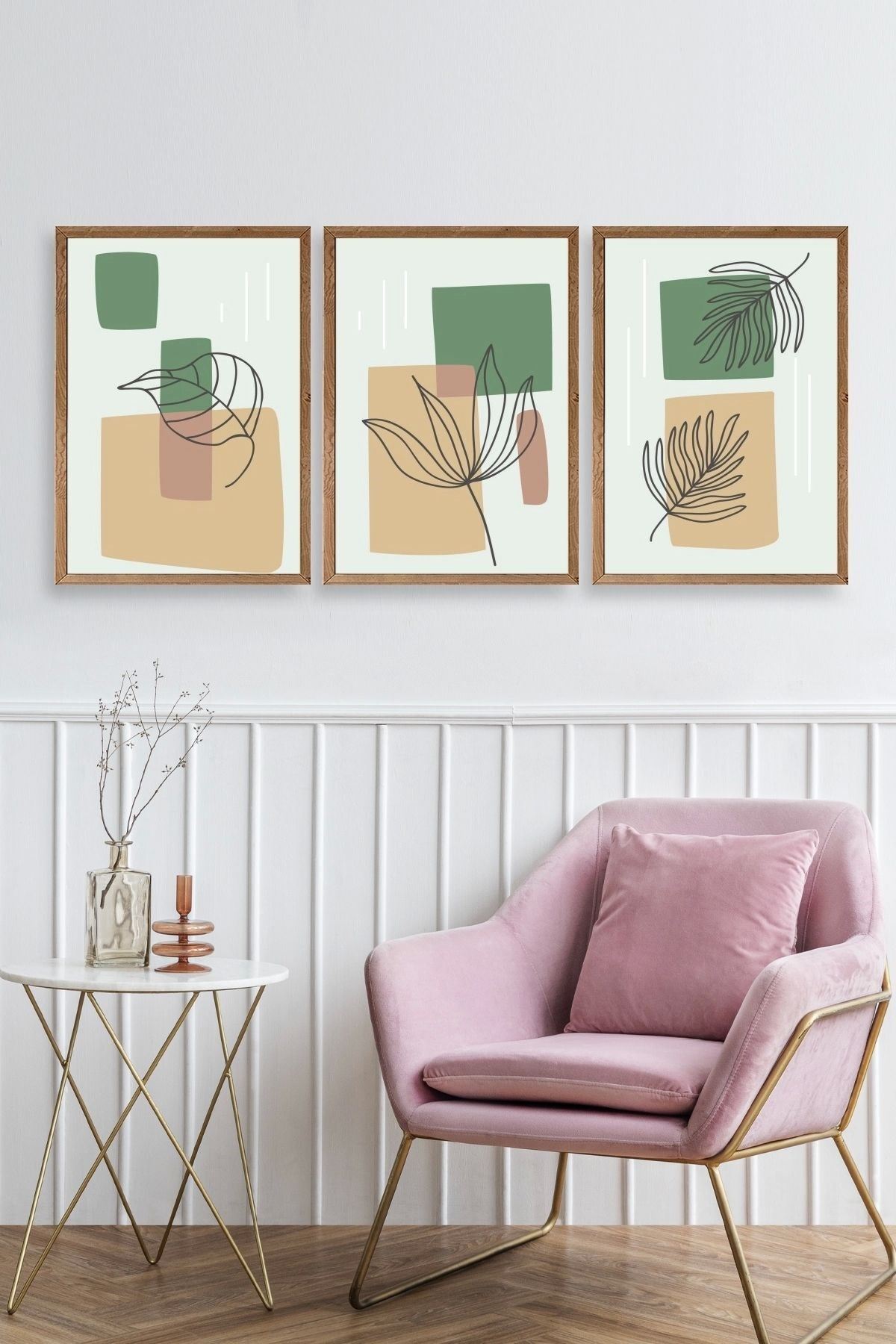 Çiçek Desenli Üçlü Ahşap Çerçeveli Tablo 50 x 70