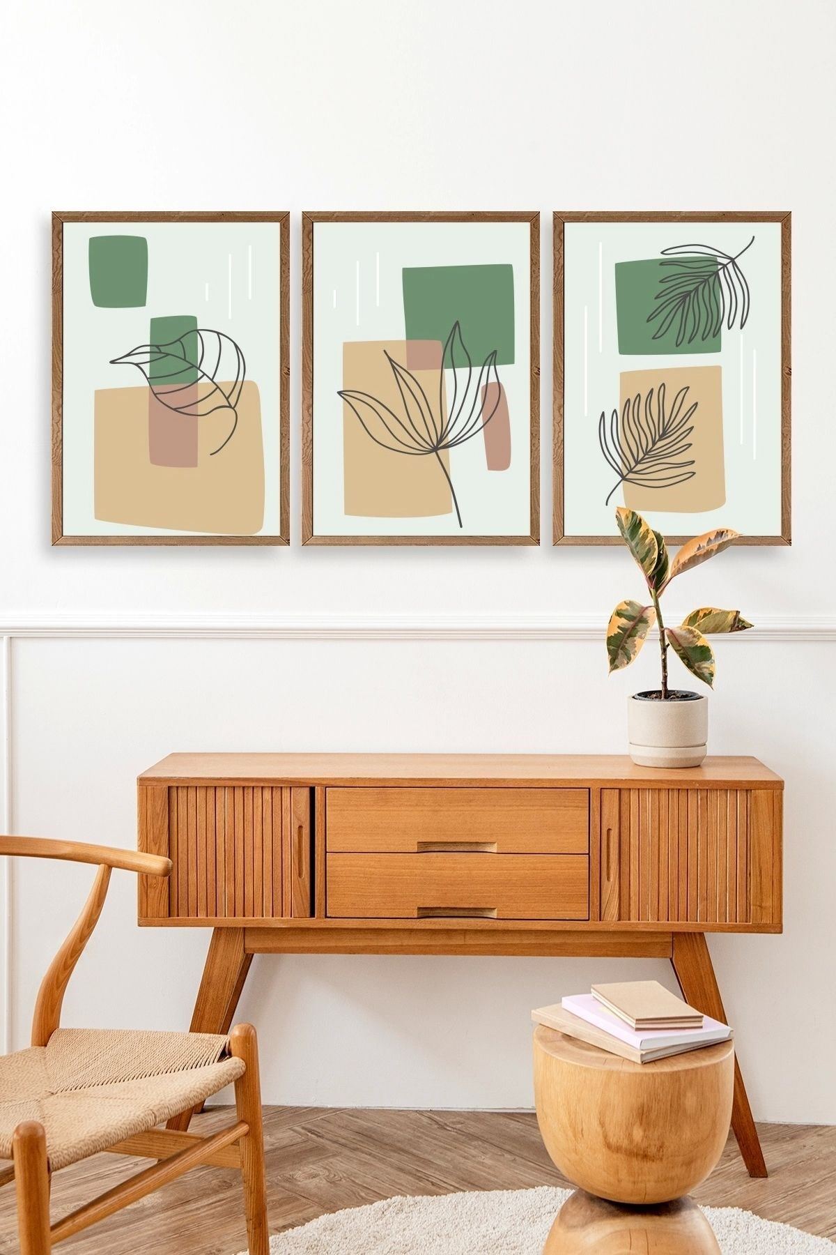 Çiçek Desenli Üçlü Ahşap Çerçeveli Tablo 50 x 70