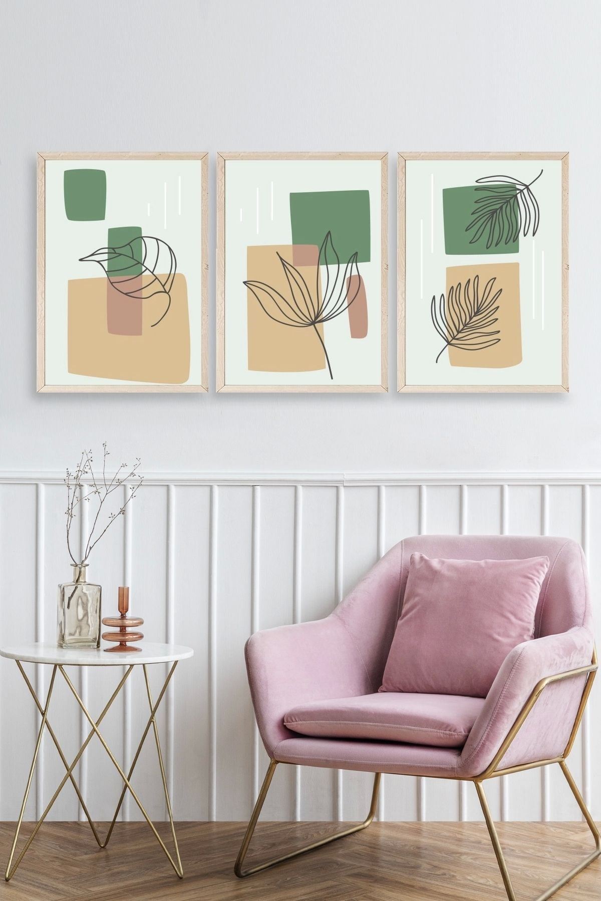 Çiçek Desenli Üçlü Ahşap Çerçeveli Tablo 17 x 23