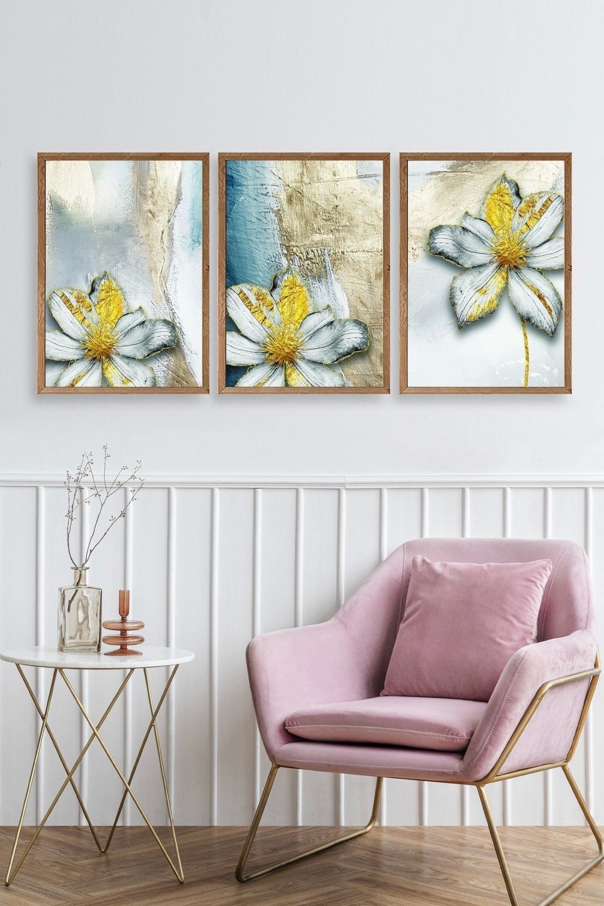 Çiçek Desenli Üçlü Ahşap Çerçeveli Tablo 30 x 42