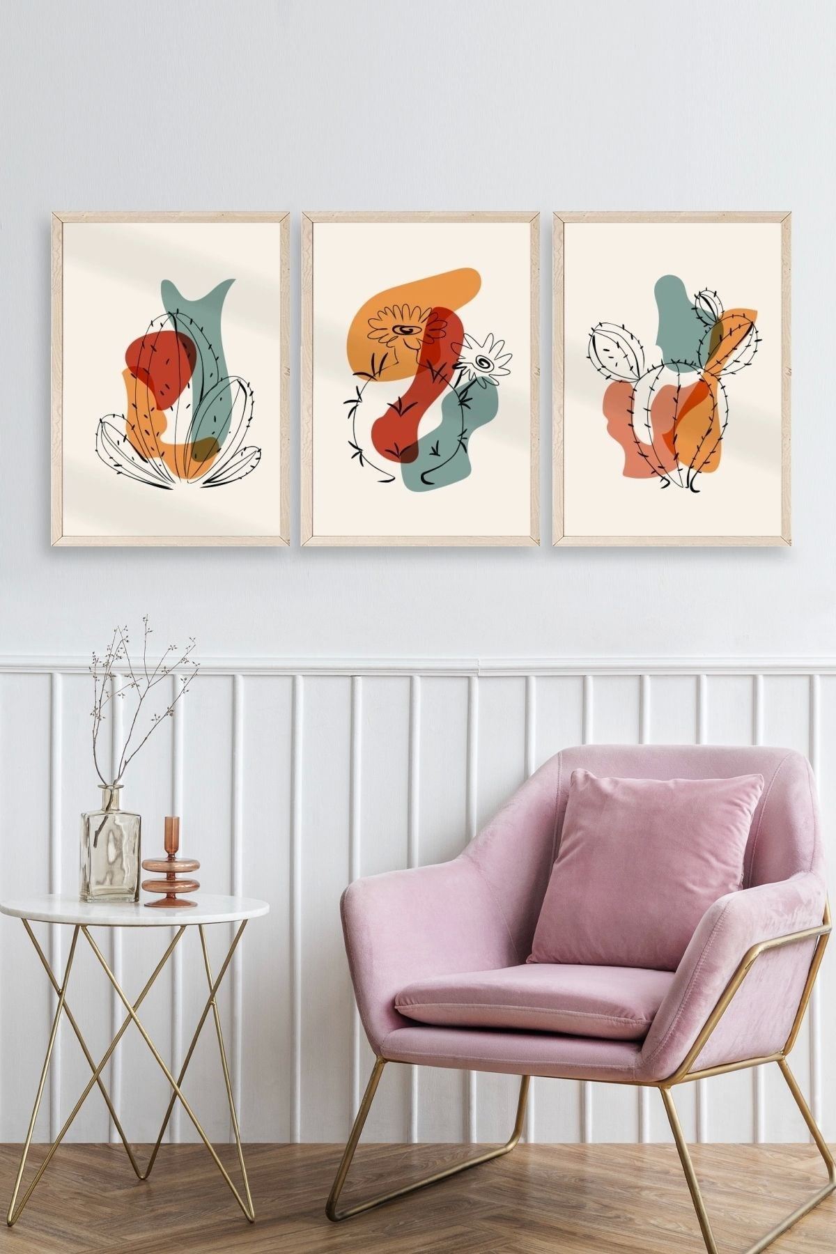 Düşündüren Şekiller Üçlü Ahşap Çerçeveli Tablo 17 x 23