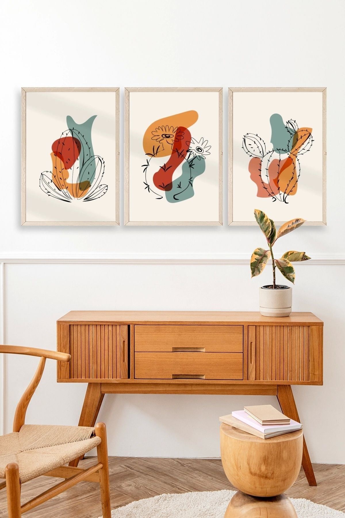 Düşündüren Şekiller Üçlü Ahşap Çerçeveli Tablo 17 x 23