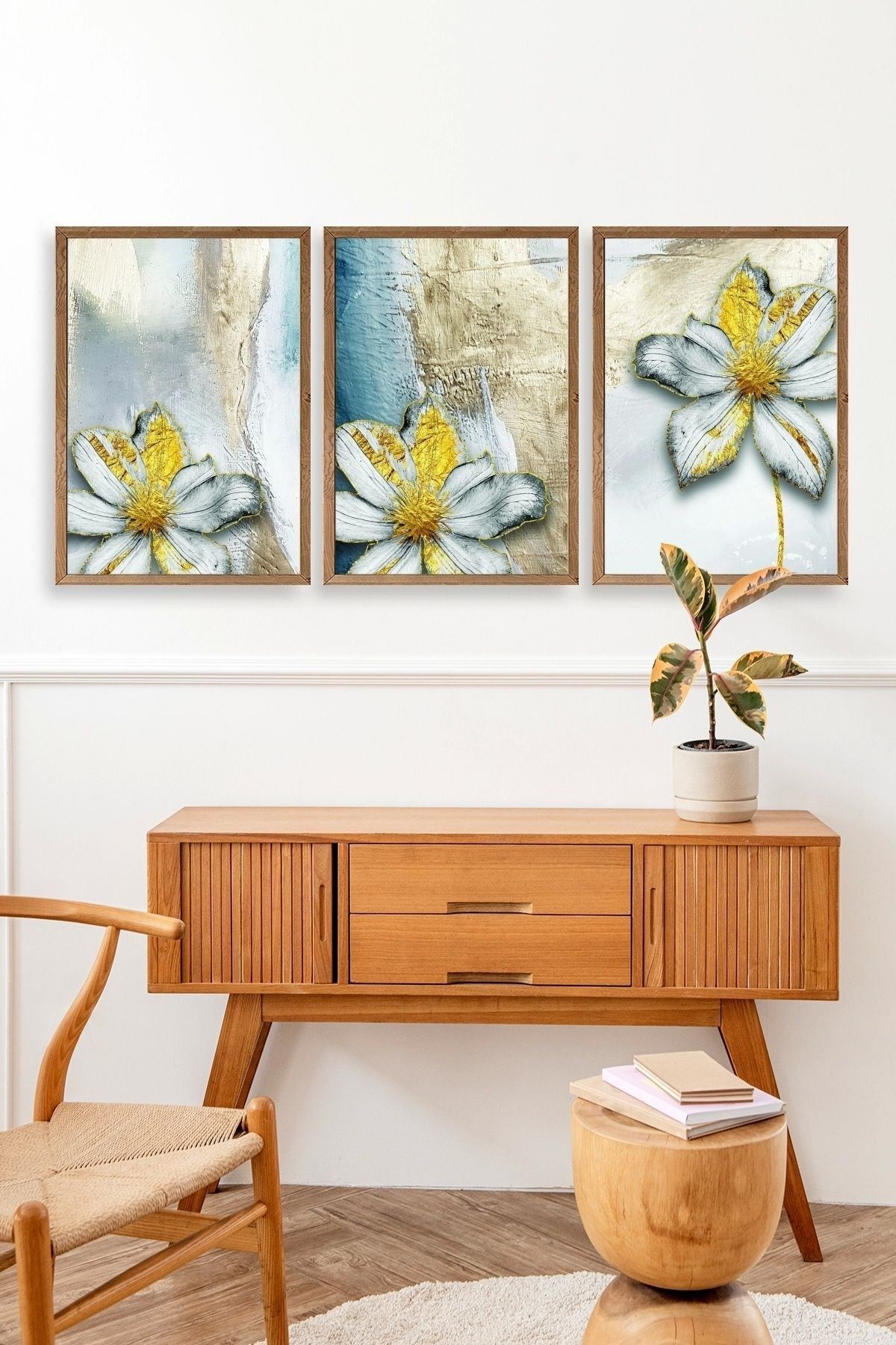 Çiçek Desenli Üçlü Ahşap Çerçeveli Tablo 17 x 23