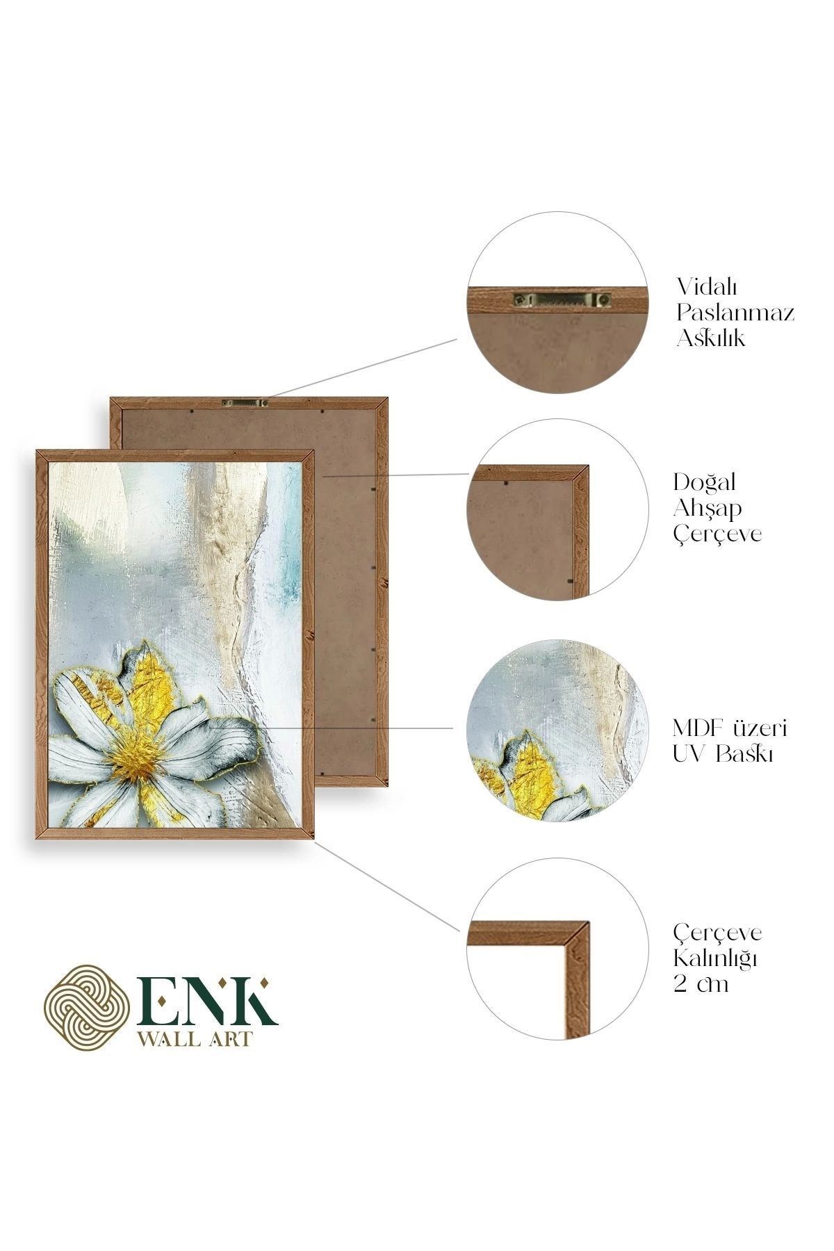 Çiçek Desenli Üçlü Ahşap Çerçeveli Tablo 17 x 23