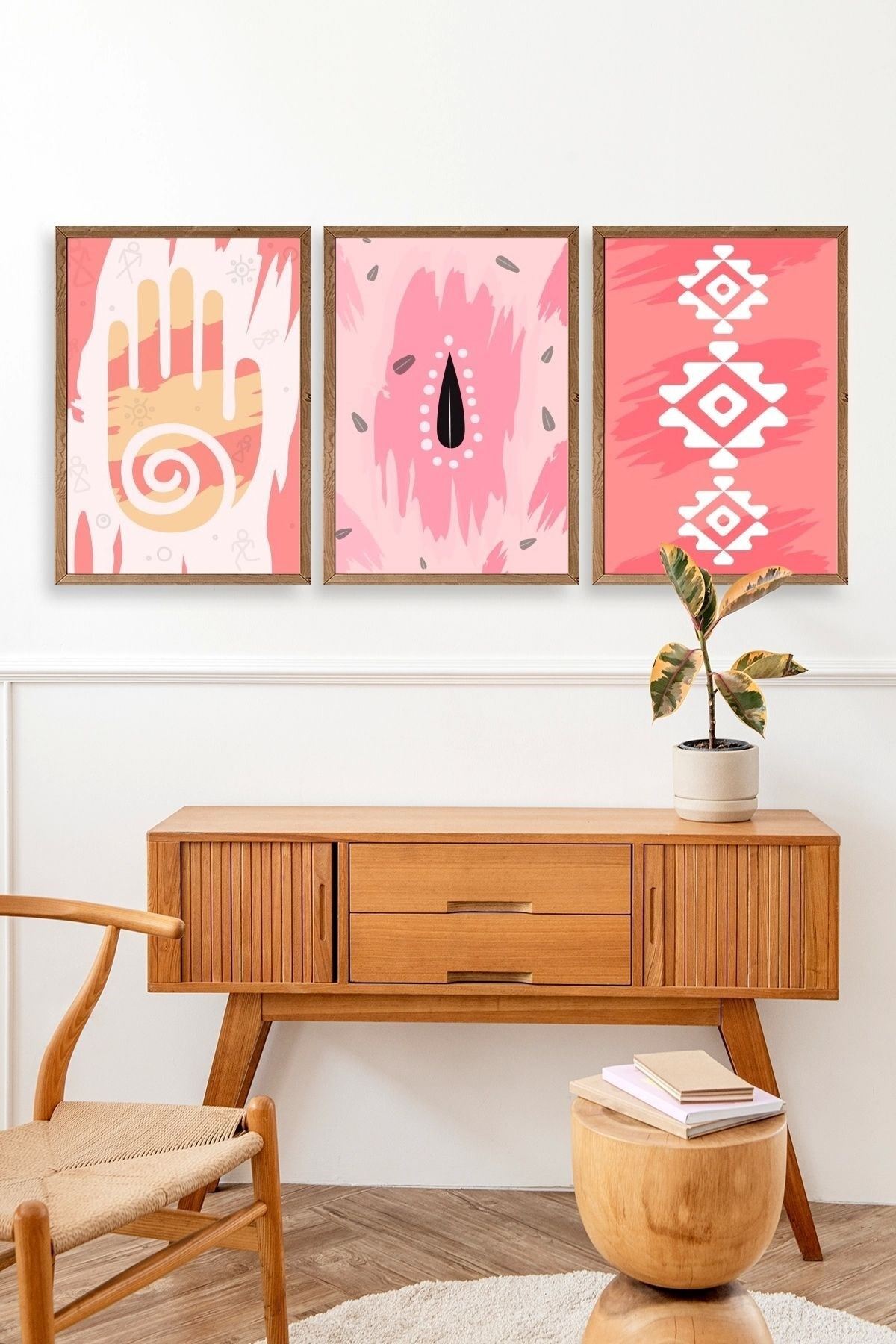 Düşündüren Şekiller Üçlü Ahşap Çerçeveli Tablo 30 x 42