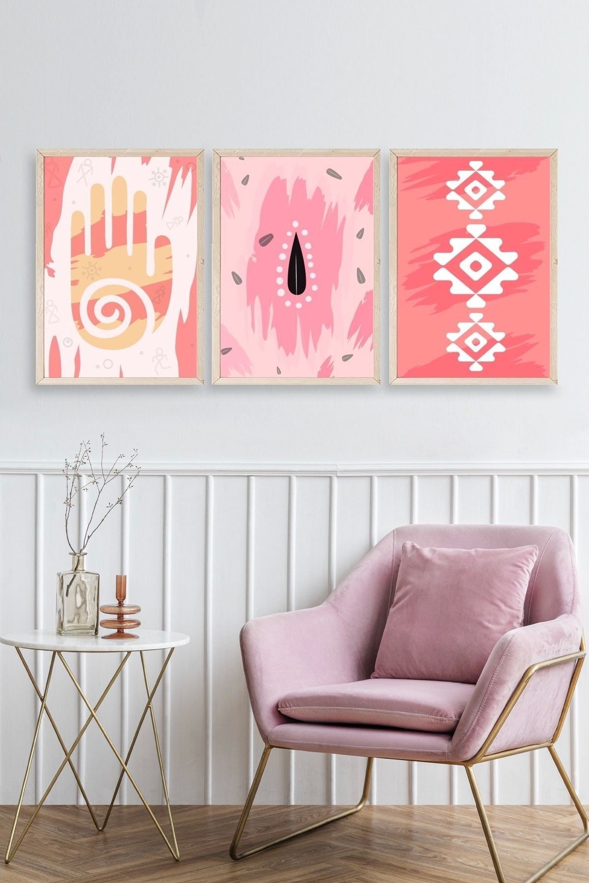 Düşündüren Şekiller Üçlü Ahşap Çerçeveli Tablo 50 x 70