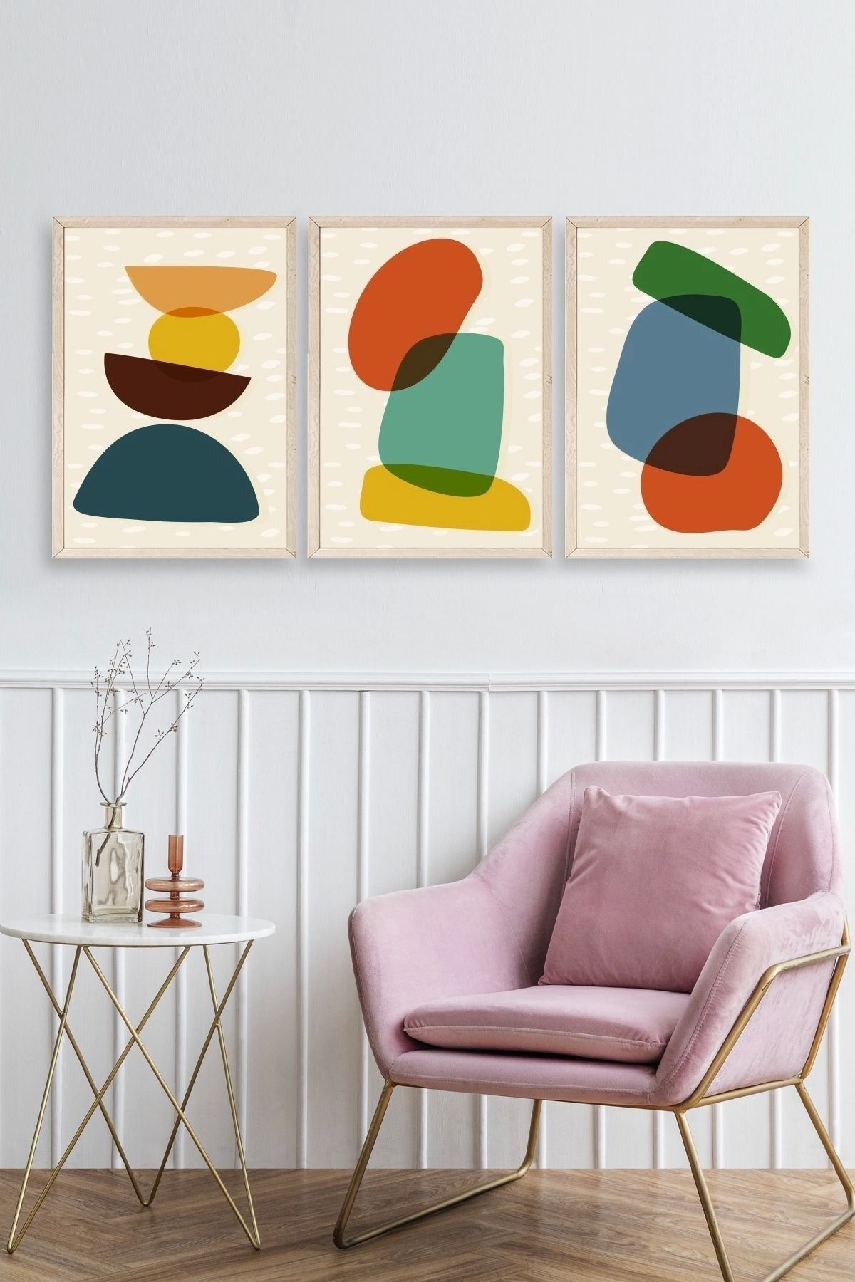 Rahatlatıcı Desenler Üçlü Ahşap Çerçeveli Tablo 50 x 70