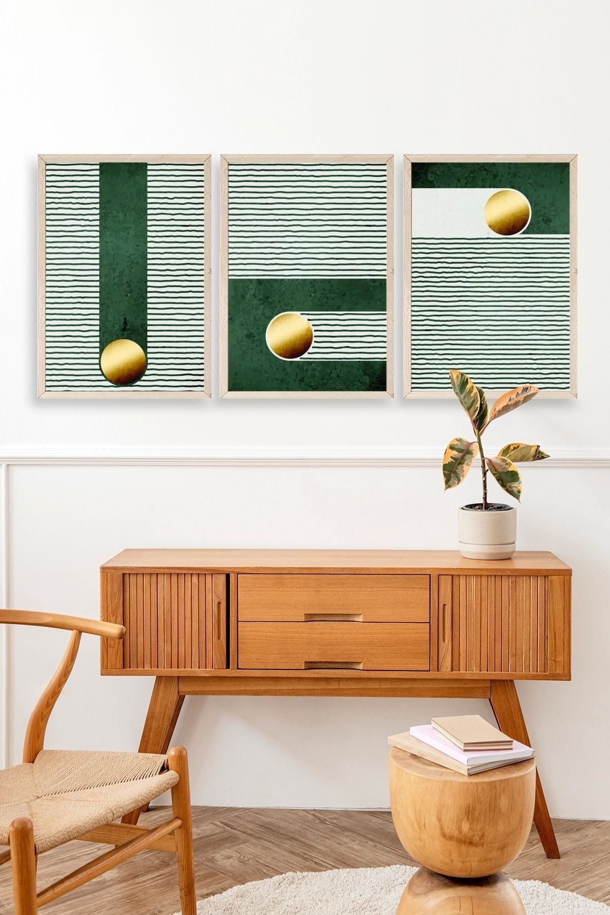 Yuvarlak Top Desenli Üçlü Ahşap Çerçeveli Tablo 17 x 23