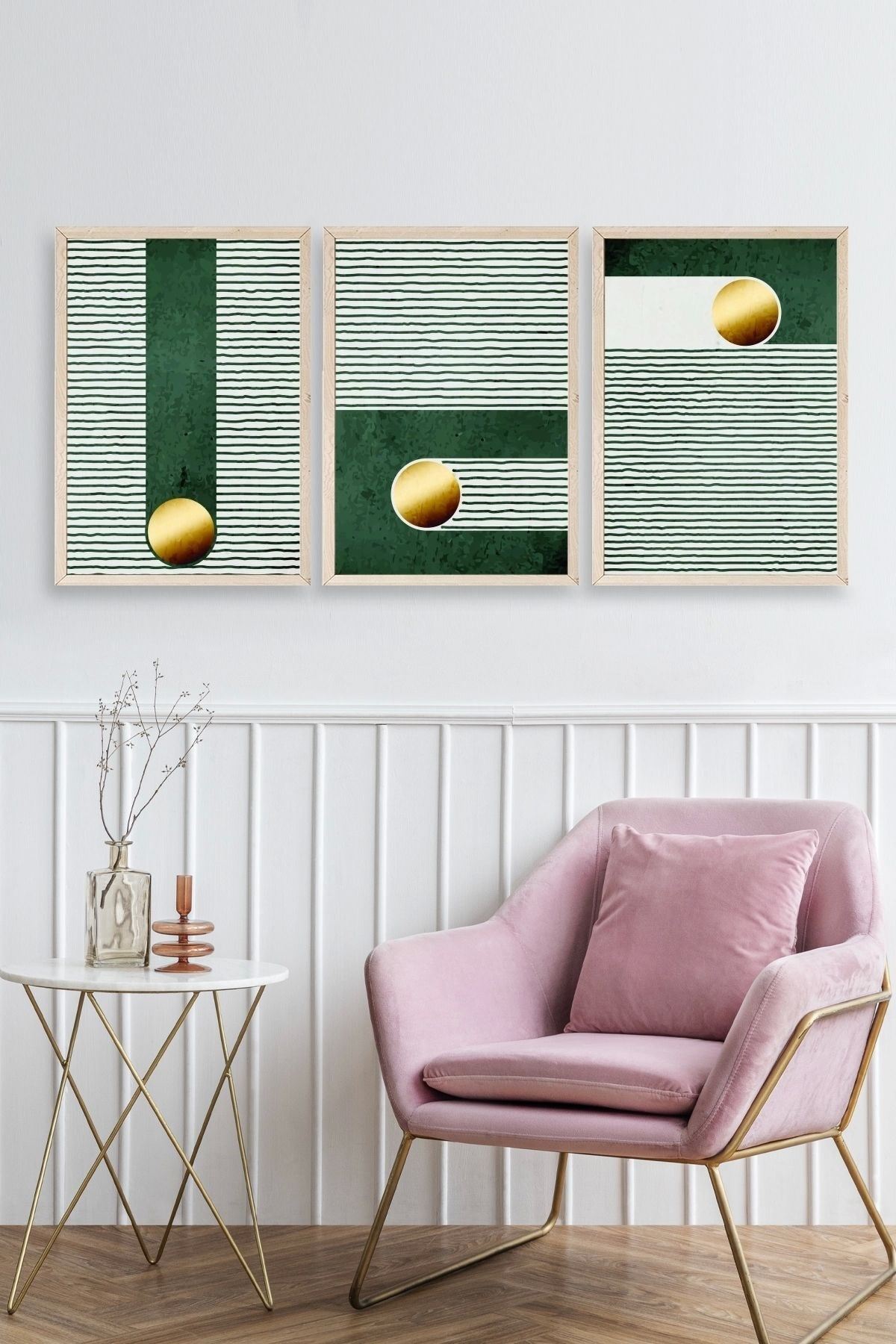 Yuvarlak Top Desenli Üçlü Ahşap Çerçeveli Tablo 30 x 42