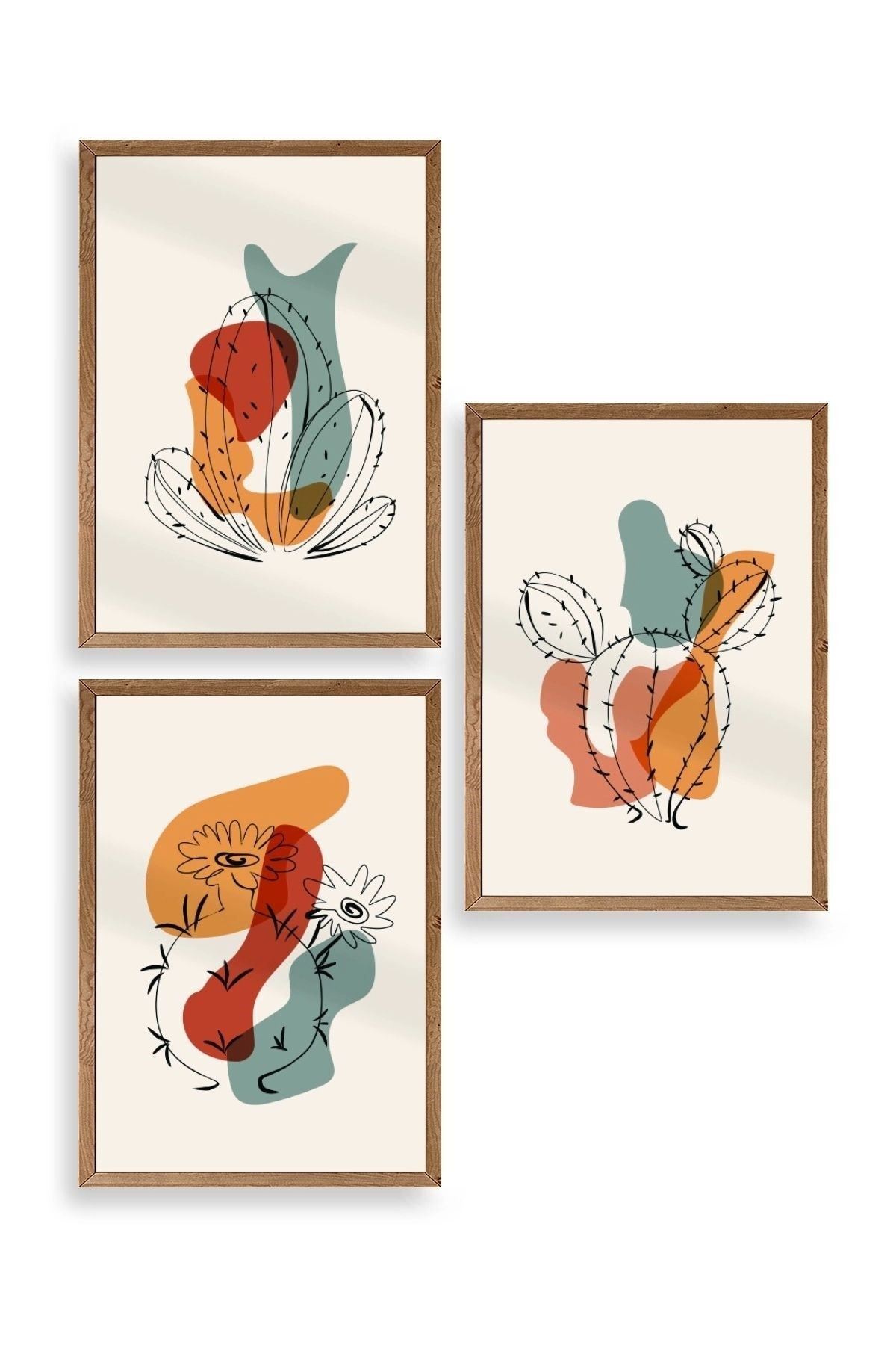 Düşündüren Şekiller Üçlü Ahşap Çerçeveli Tablo 50 x 70