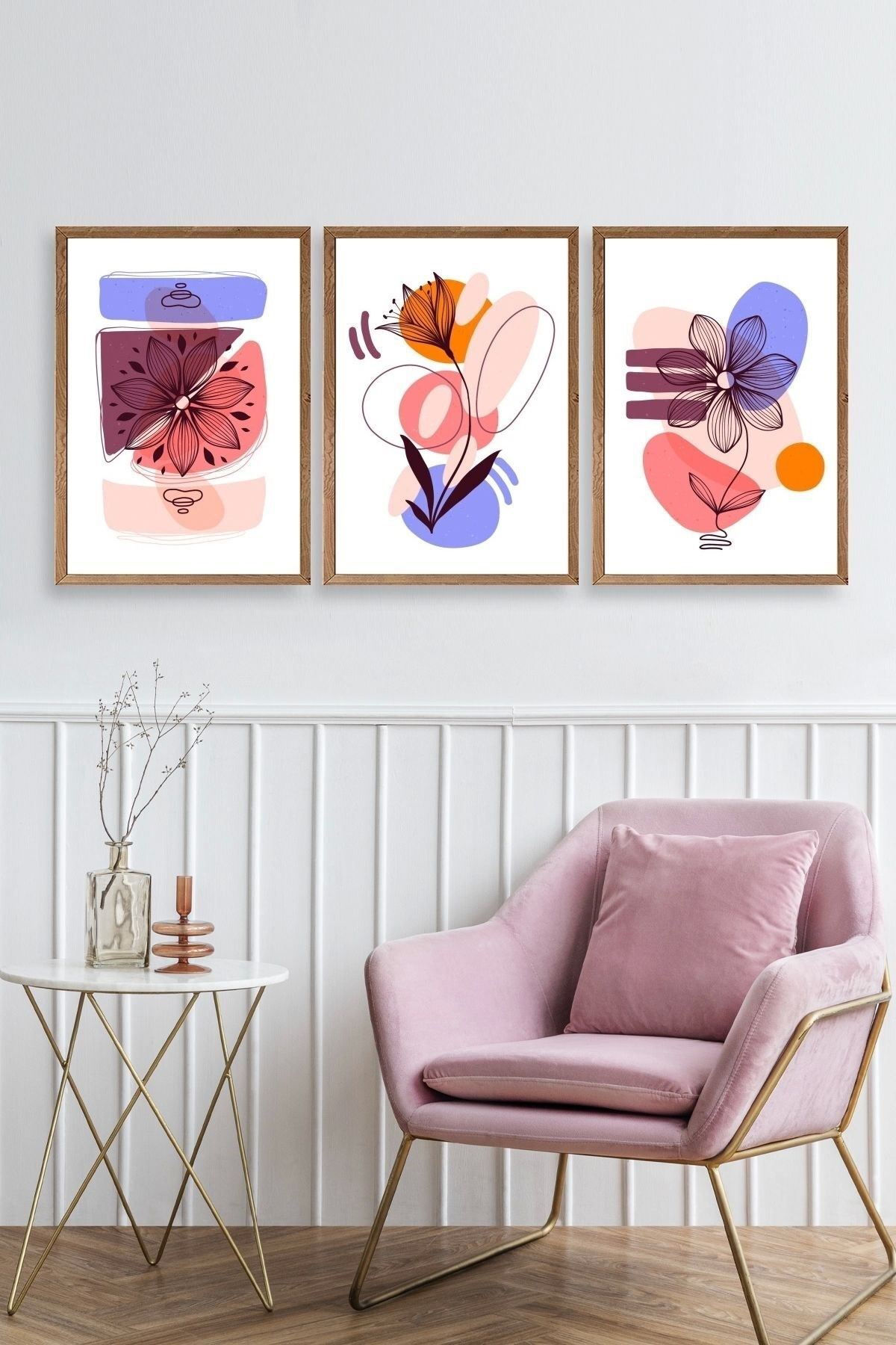 Çiçek Desenli Üçlü Ahşap Çerçeveli Tablo 50 x 70