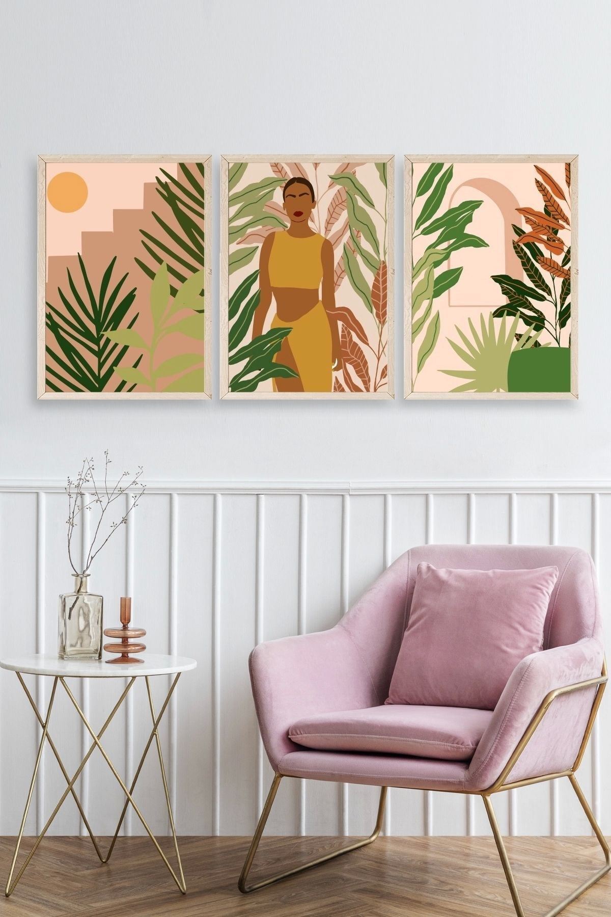 Düşündüren Çiçekli Üçlü Ahşap Çerçeveli Tablo 23 x 30