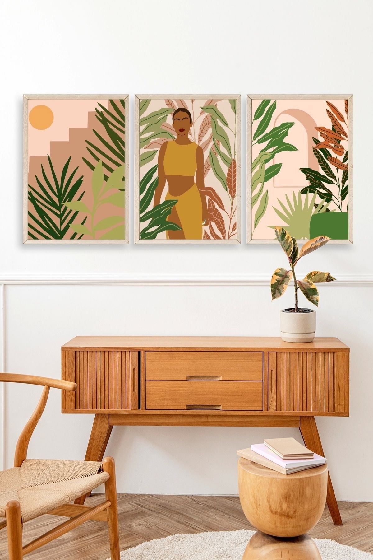 Düşündüren Çiçekli Üçlü Ahşap Çerçeveli Tablo 23 x 30