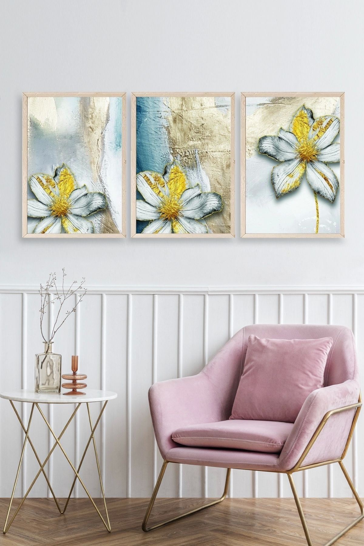 Çiçek Desenli Üçlü Ahşap Çerçeveli Tablo 50 x 70