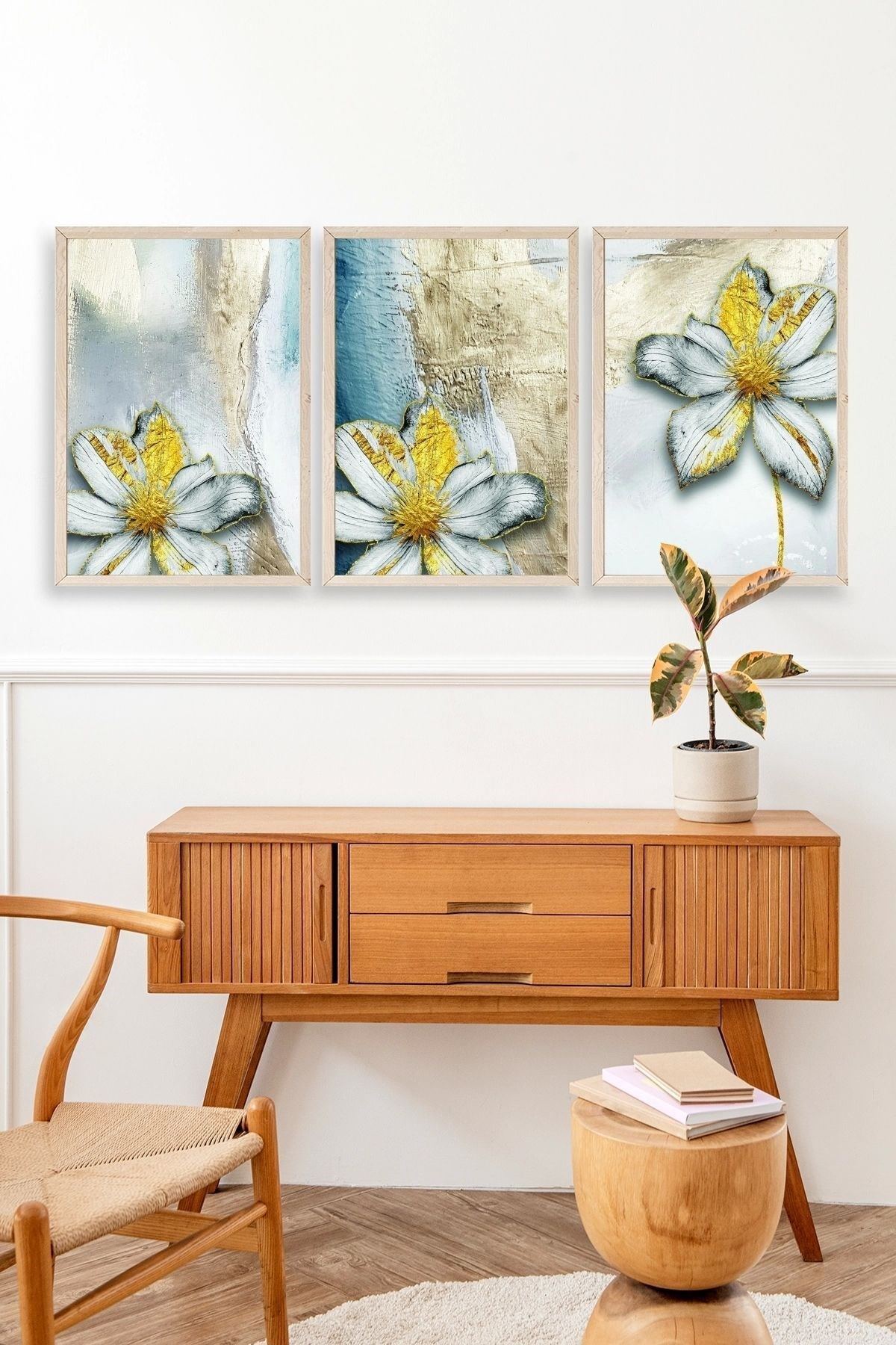 Çiçek Desenli Üçlü Ahşap Çerçeveli Tablo 17 x 23