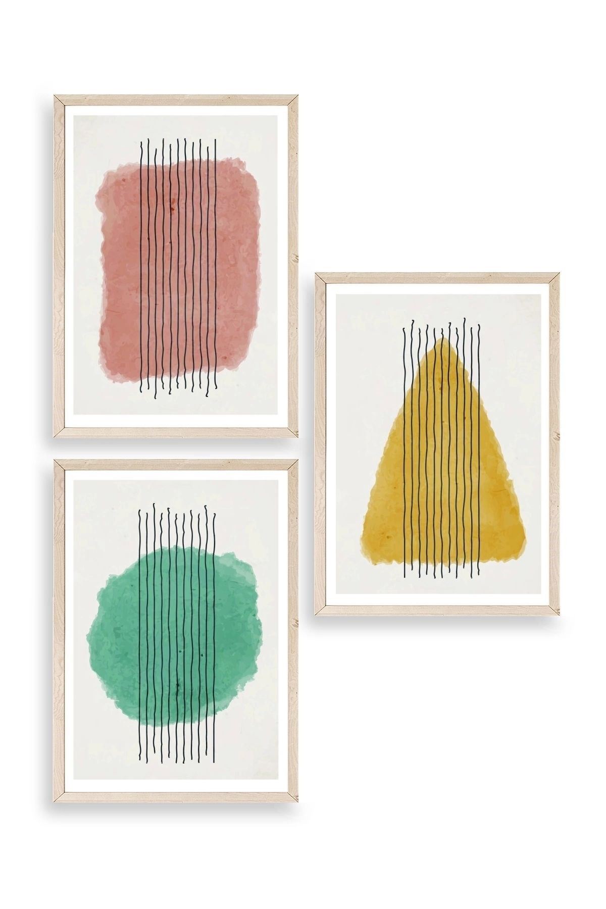 Şekiller Kare Üçgen Üçlü Ahşap Çerçeveli Tablo 23 x 30