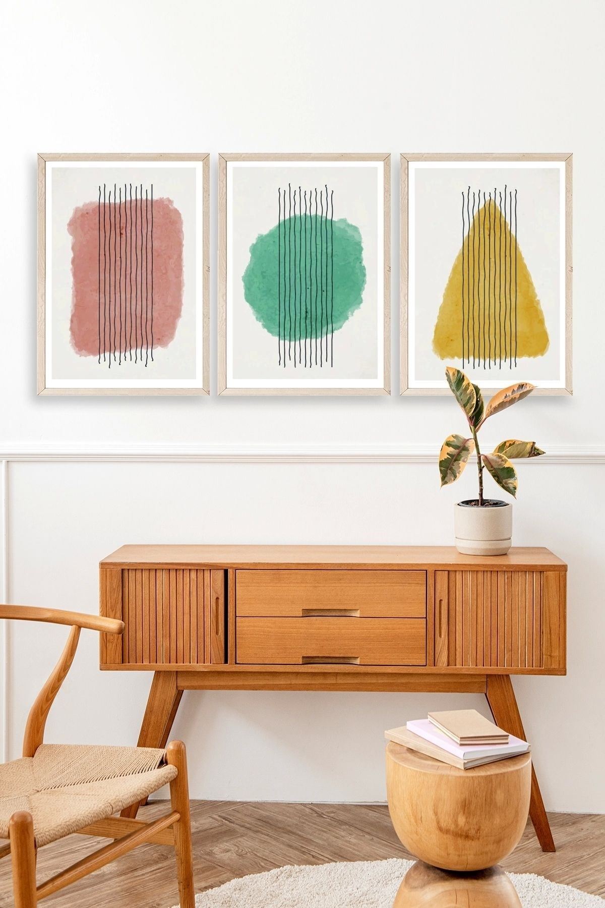 Şekiller Kare Üçgen Üçlü Ahşap Çerçeveli Tablo 23 x 30