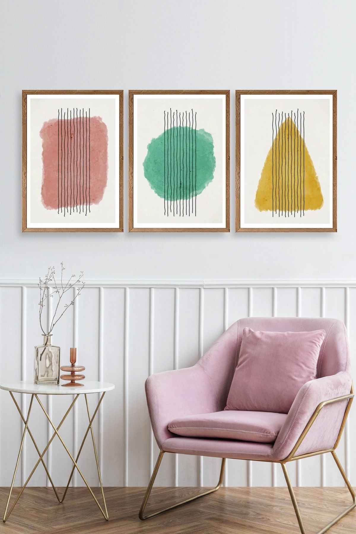 Şekiller Kare Üçgen Üçlü Ahşap Çerçeveli Tablo 17 x 23