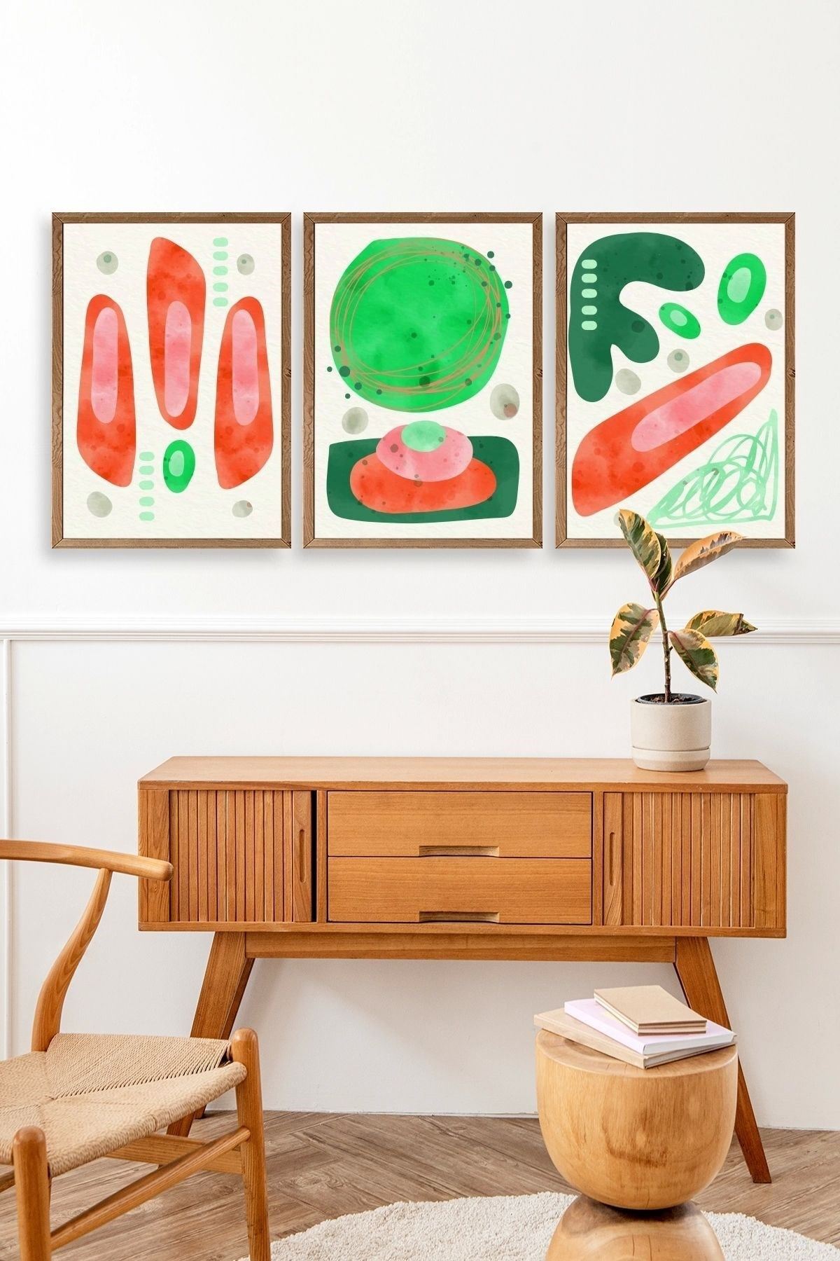 Düşündüren Şekiller Üçlü Ahşap Çerçeveli Tablo 17 x 23