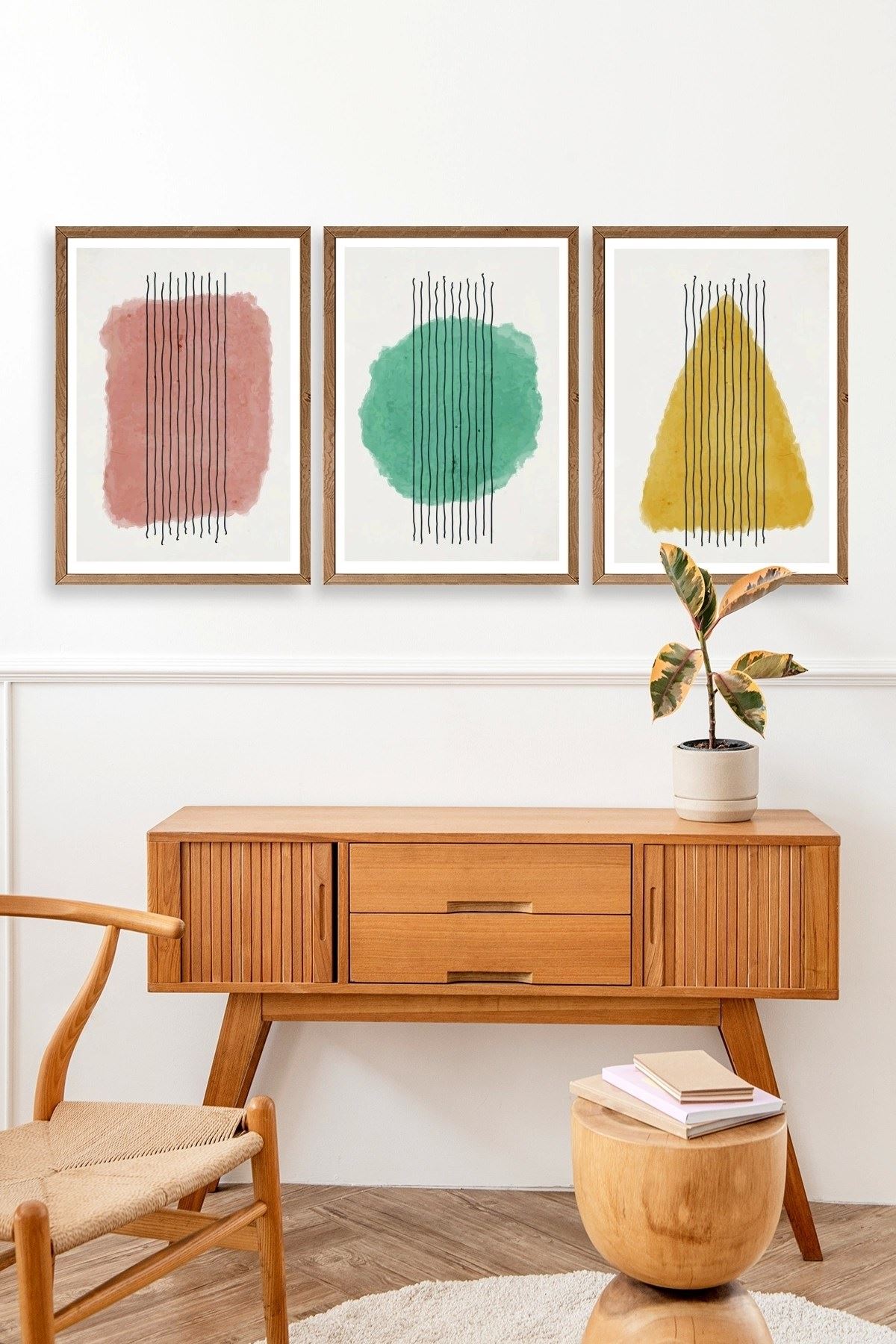 Şekiller Kare Üçgen Üçlü Ahşap Çerçeveli Tablo 50 x 70