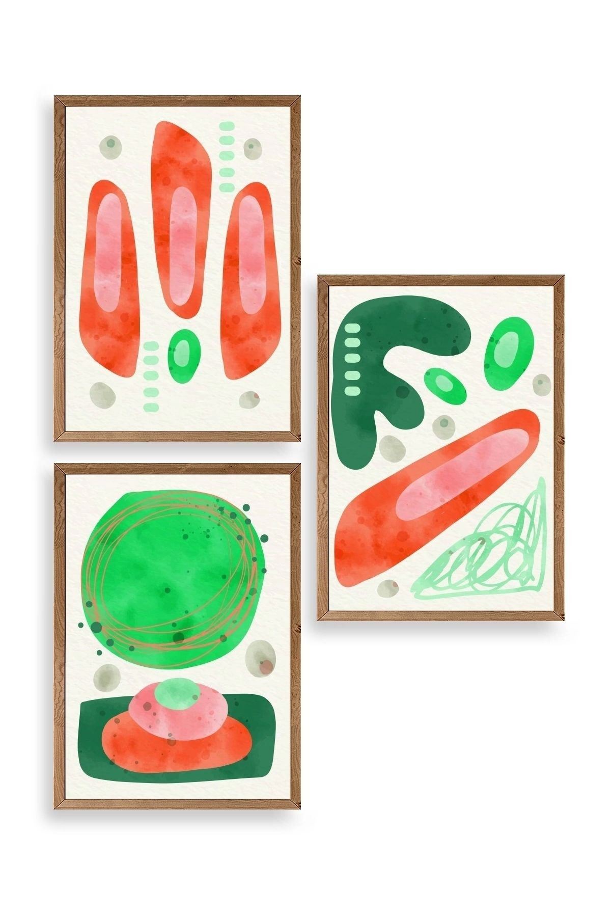 Düşündüren Şekiller Üçlü Ahşap Çerçeveli Tablo 30 x 42