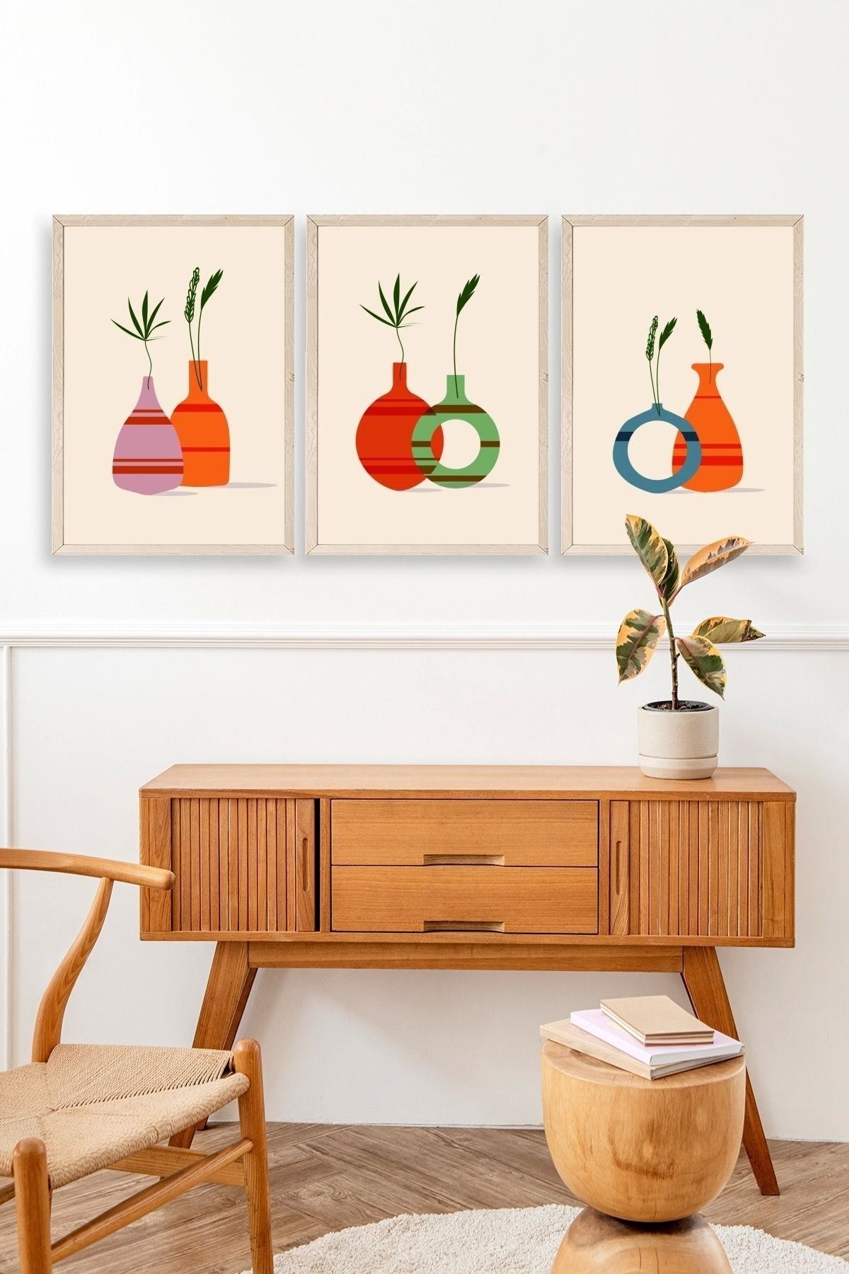 Çiçek Desenli Üçlü Ahşap Çerçeveli Tablo 50 x 70